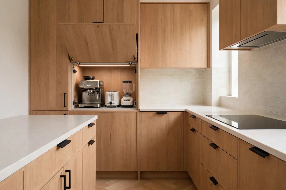 Small kitchen with appliances neatly stored in dedicated cabinet garage