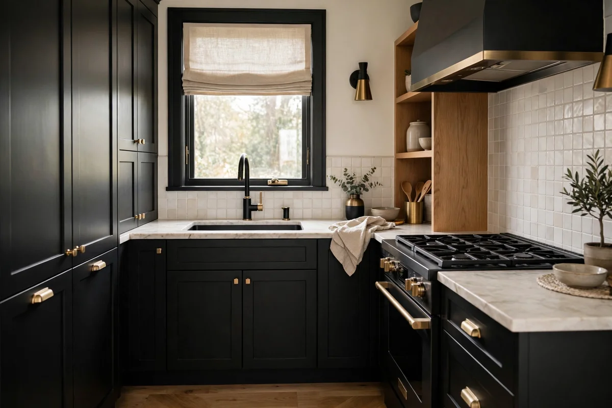 Small kitchen with unified matte black and brass metal finishes