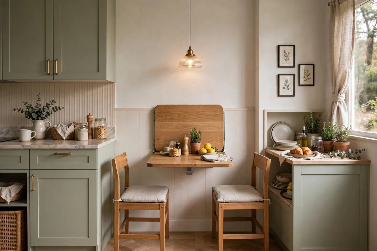 Small kitchen with fold-down wall table creating a cozy breakfast nook
