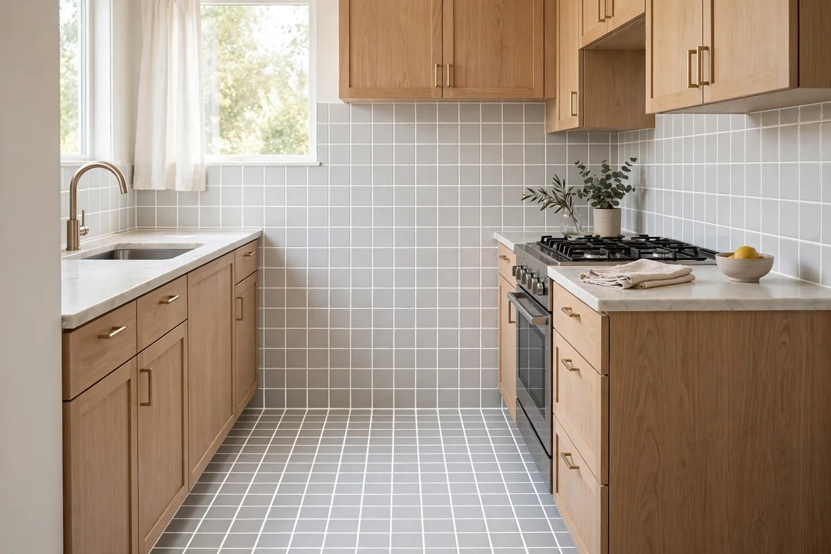 Small kitchen tile with freshly cleaned and sealed grout lines