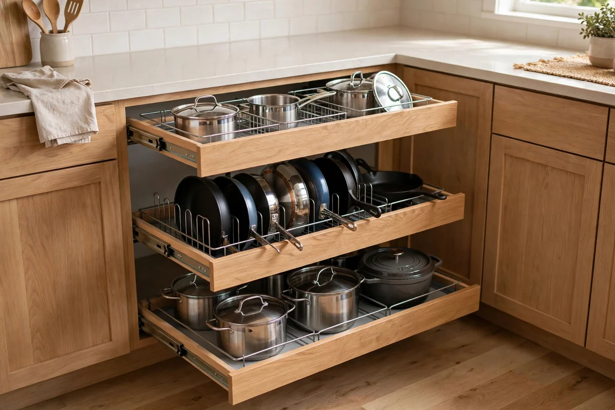 Small kitchen deep cabinet with pull-out organizers for pots and pans