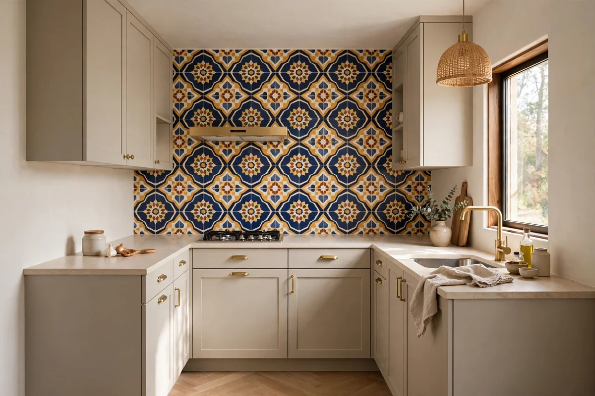 Small kitchen with bold statement backsplash adding personality