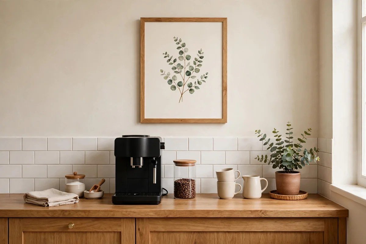 Small kitchen wall with perfectly scaled framed art above coffee station