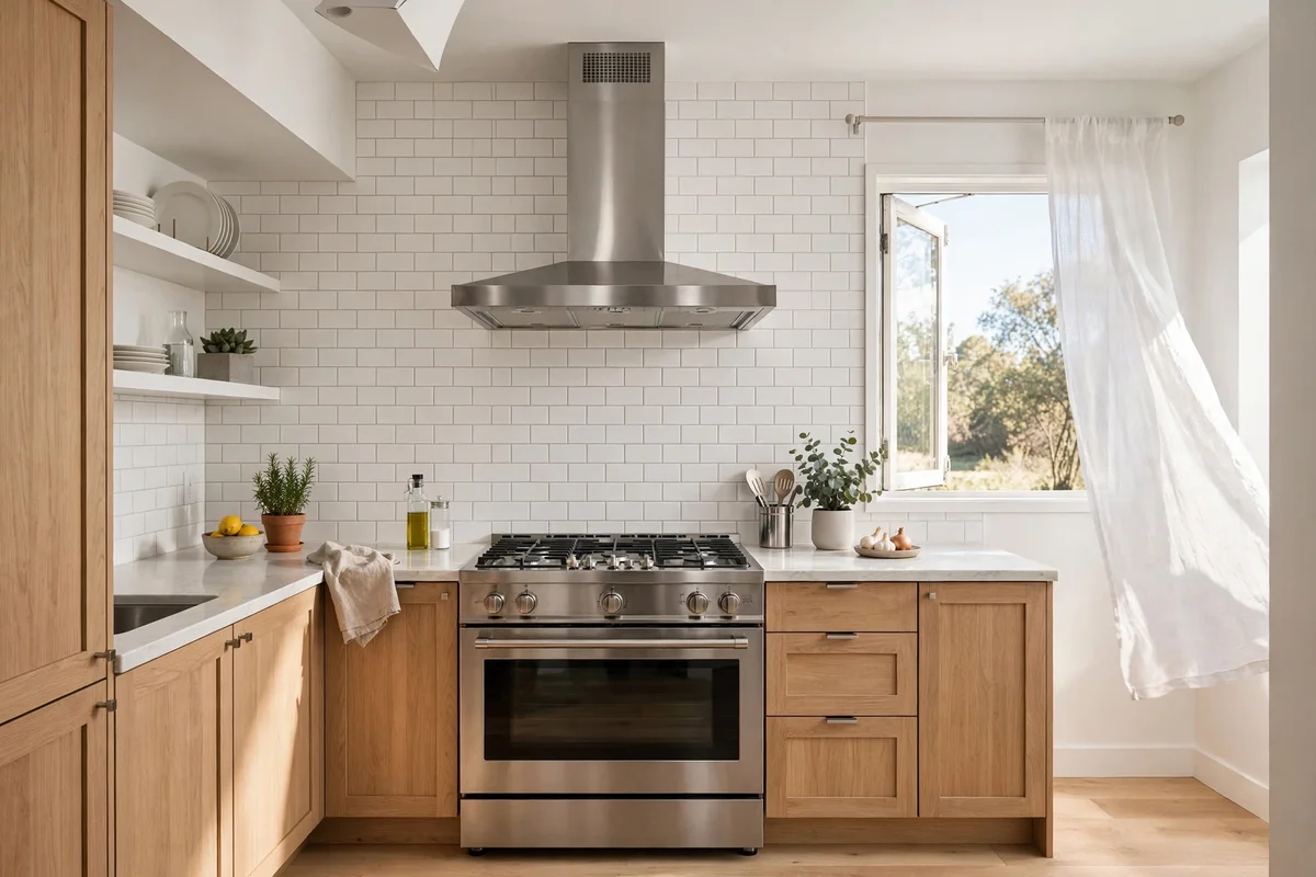 Small kitchen with clean modern range hood over the stove