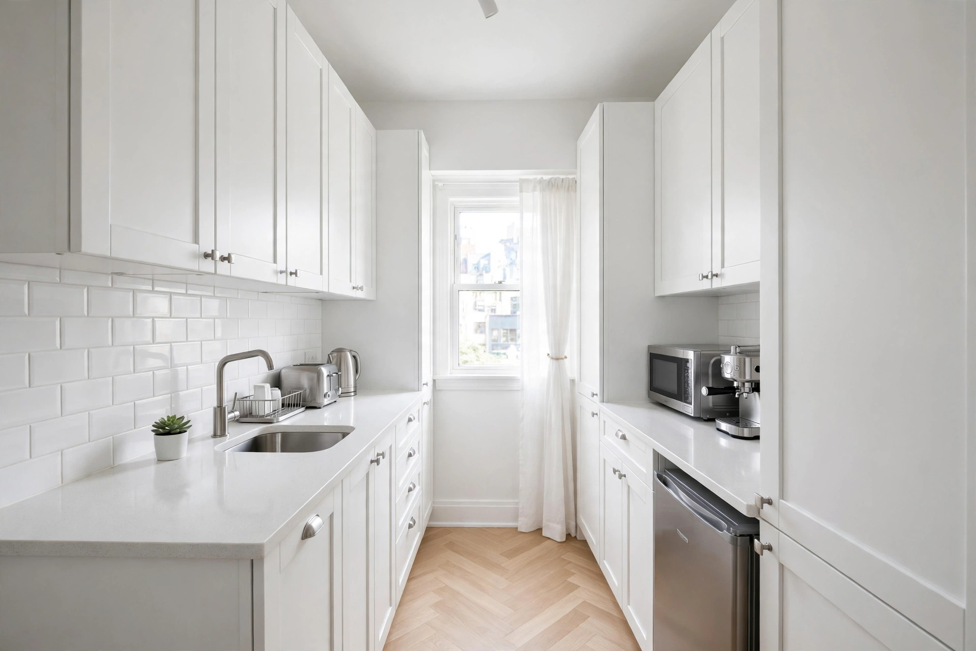 All-white small galley kitchen with white shaker cabinets and subway tile backsplash