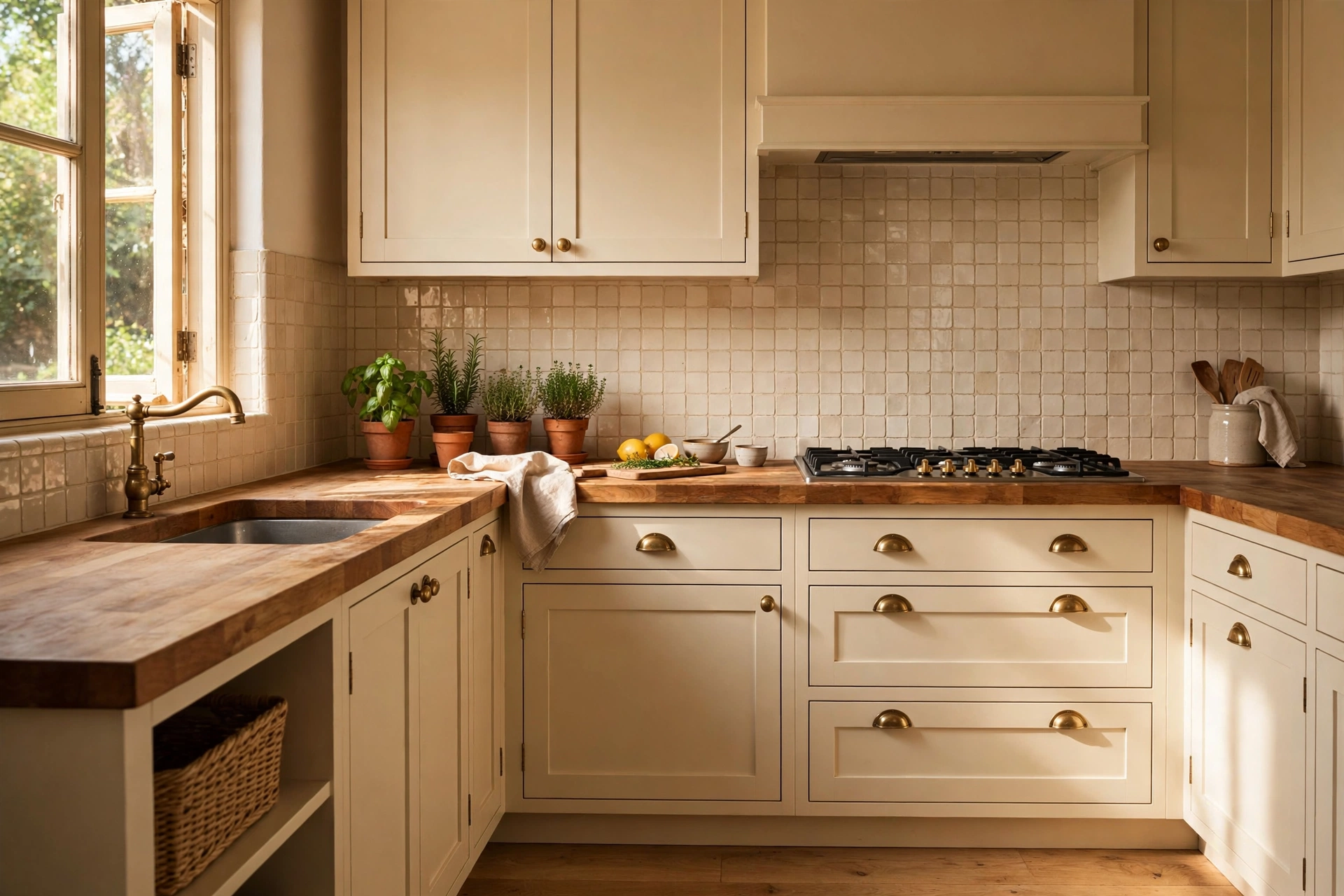 Cozy small kitchen with warm cream cabinets and butcher block wood countertop