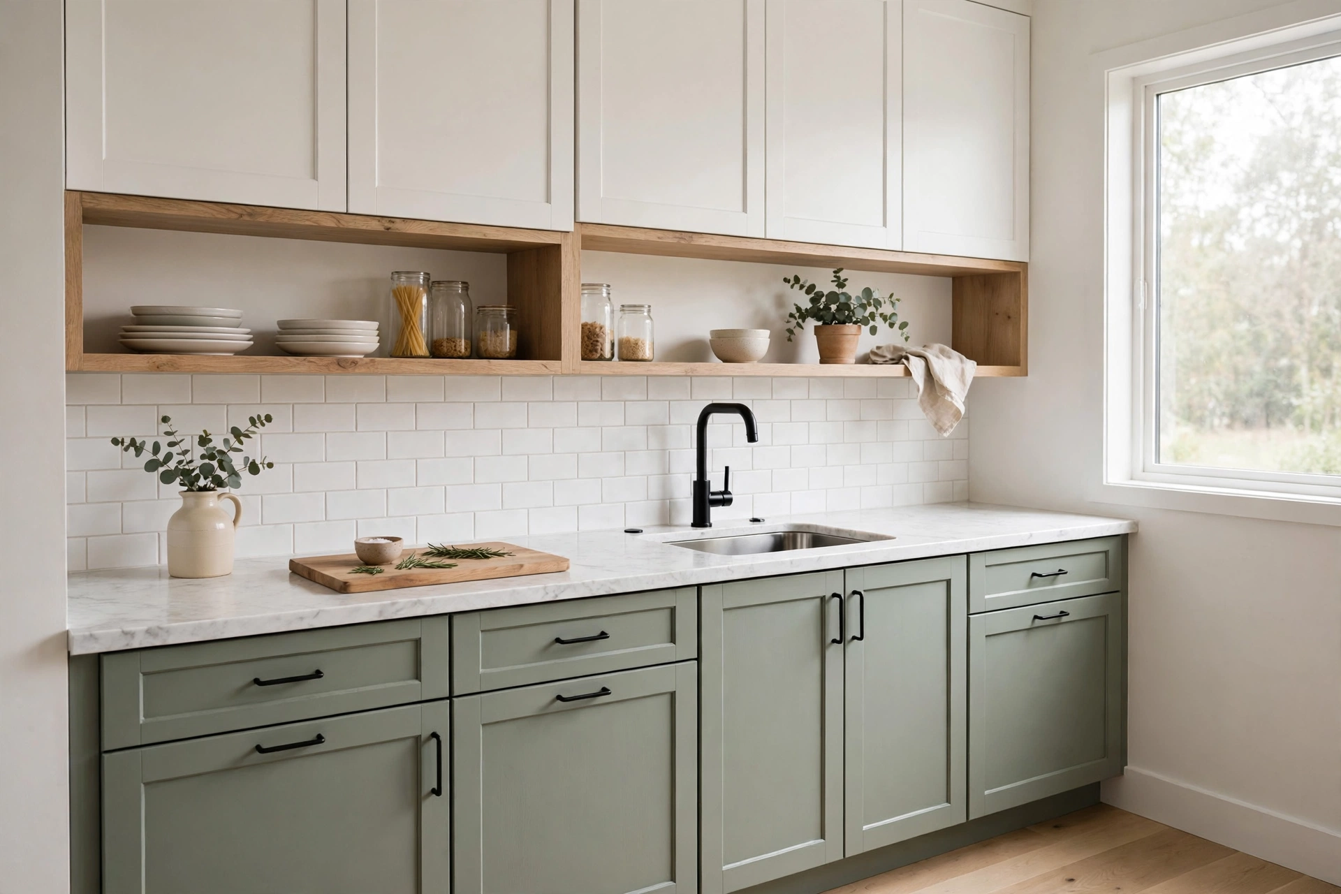 Small kitchen with muted sage green lower cabinets and white upper cabinets