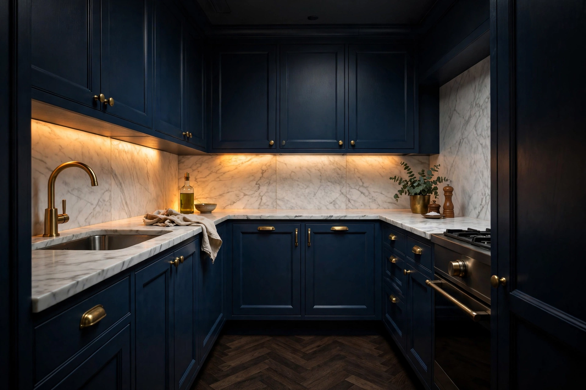 Compact kitchen with deep navy blue cabinets and brushed brass hardware