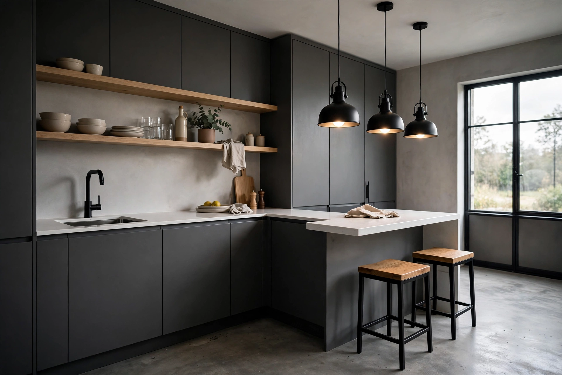 Small modern kitchen with charcoal gray cabinets and light oak open shelving