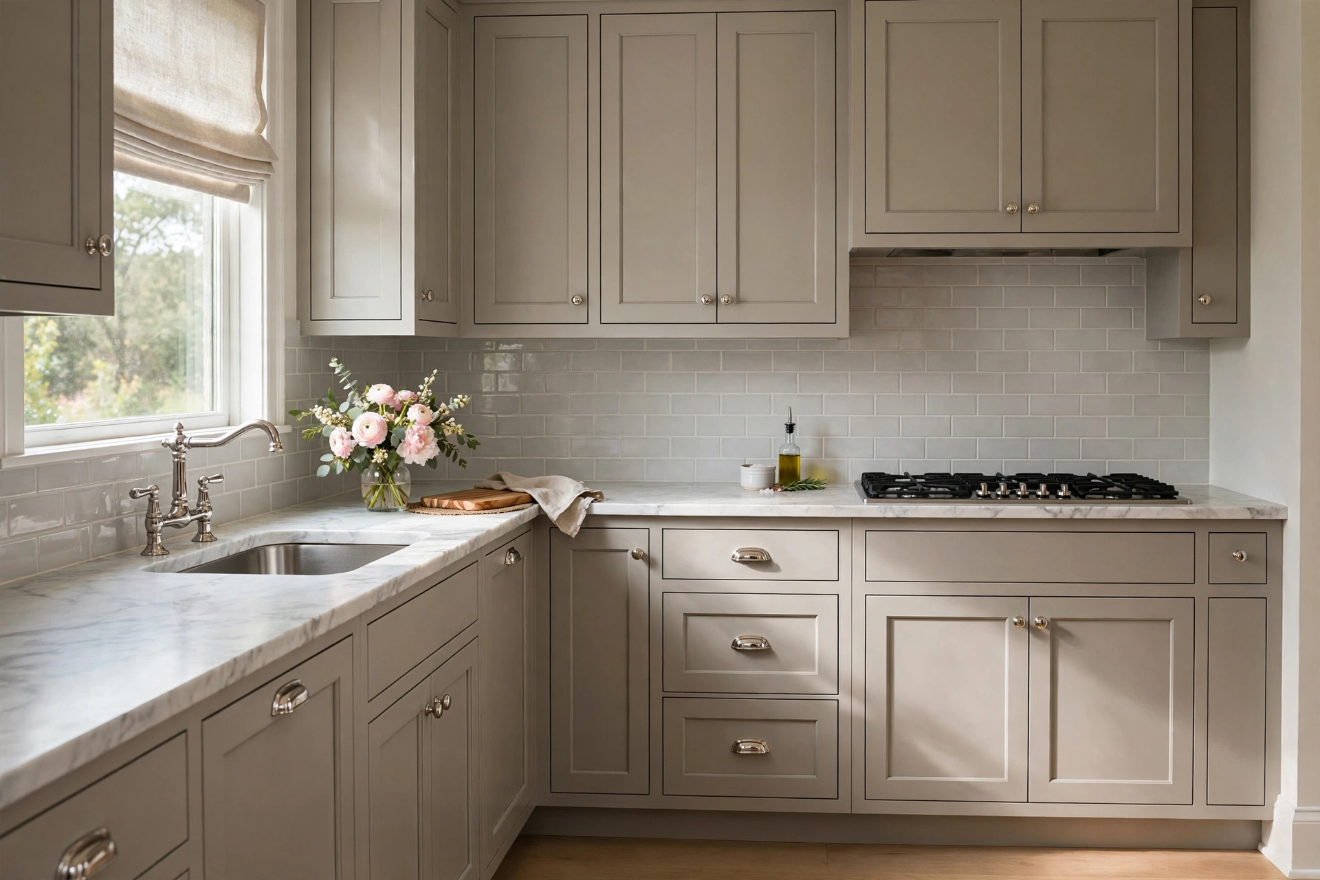 Elegant small kitchen with soft gray cabinets and white marble countertop