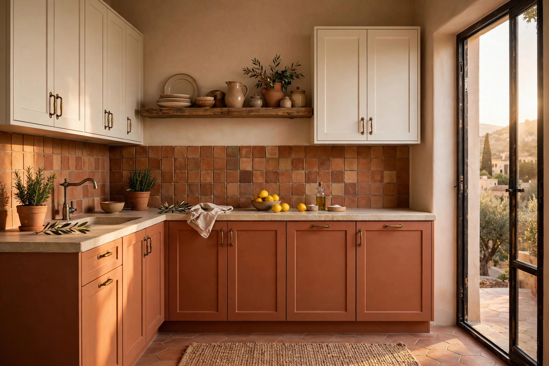 Warm small kitchen with terracotta lower cabinets and cream upper cabinets