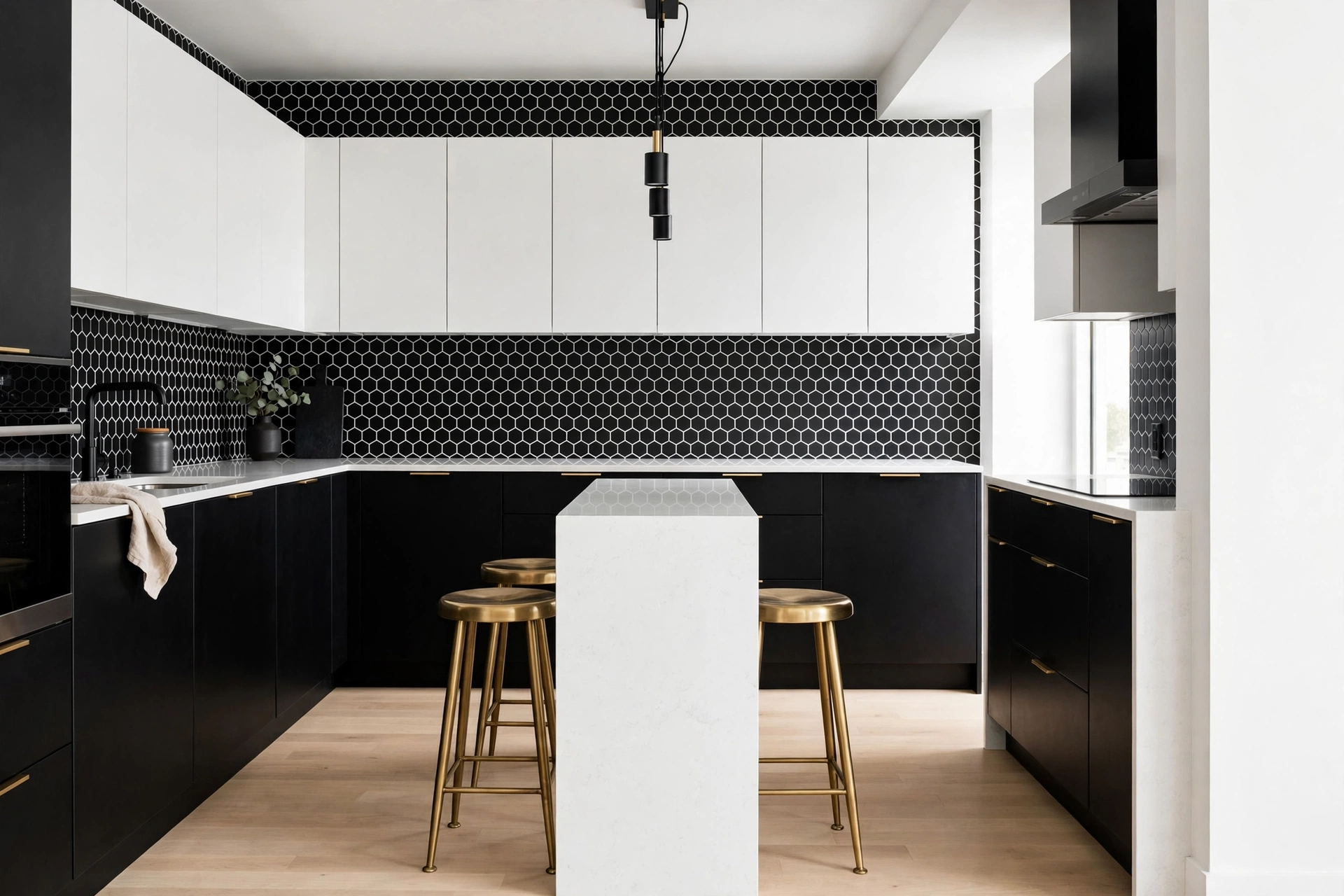 Bold small kitchen with black lower cabinets and white upper cabinets