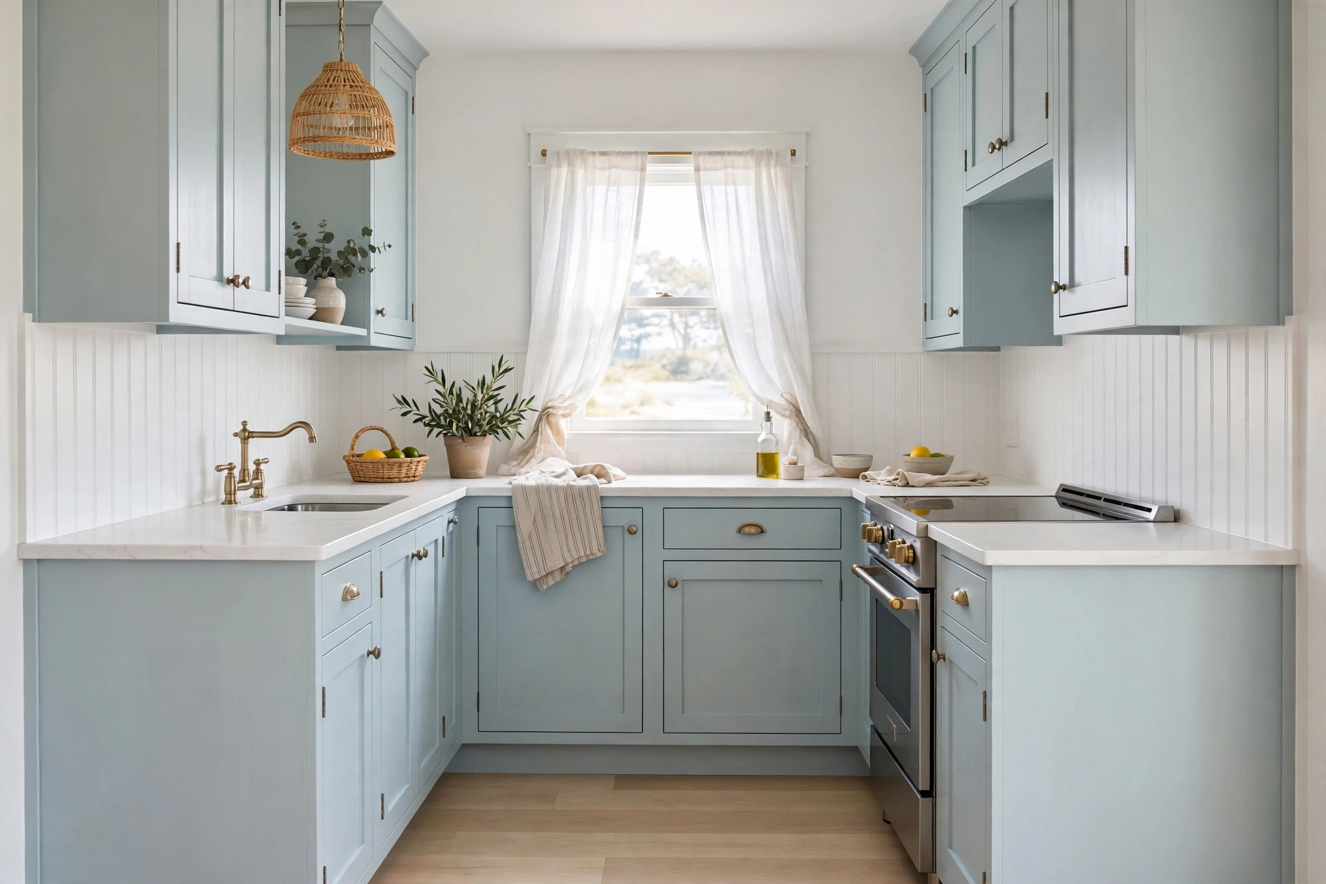 Airy small kitchen with pale powder blue cabinets and white countertops