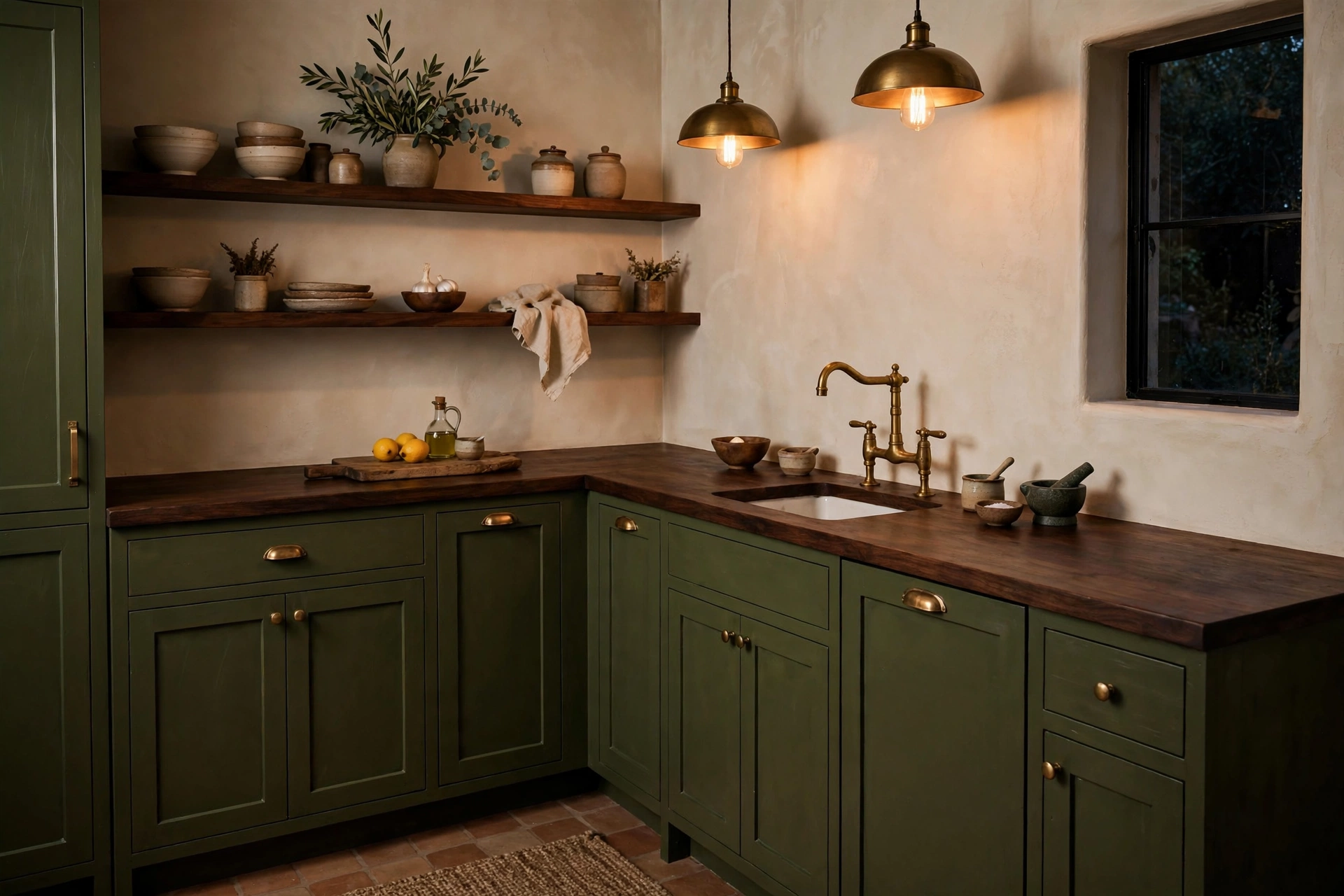 Rich small kitchen with olive green cabinets and dark walnut wood countertop