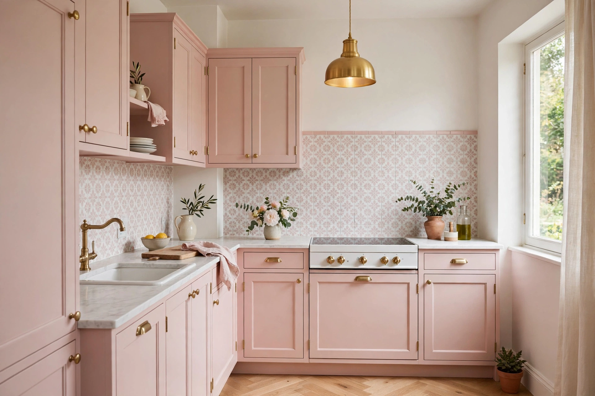 Charming small kitchen with blush pink cabinets and brass hardware