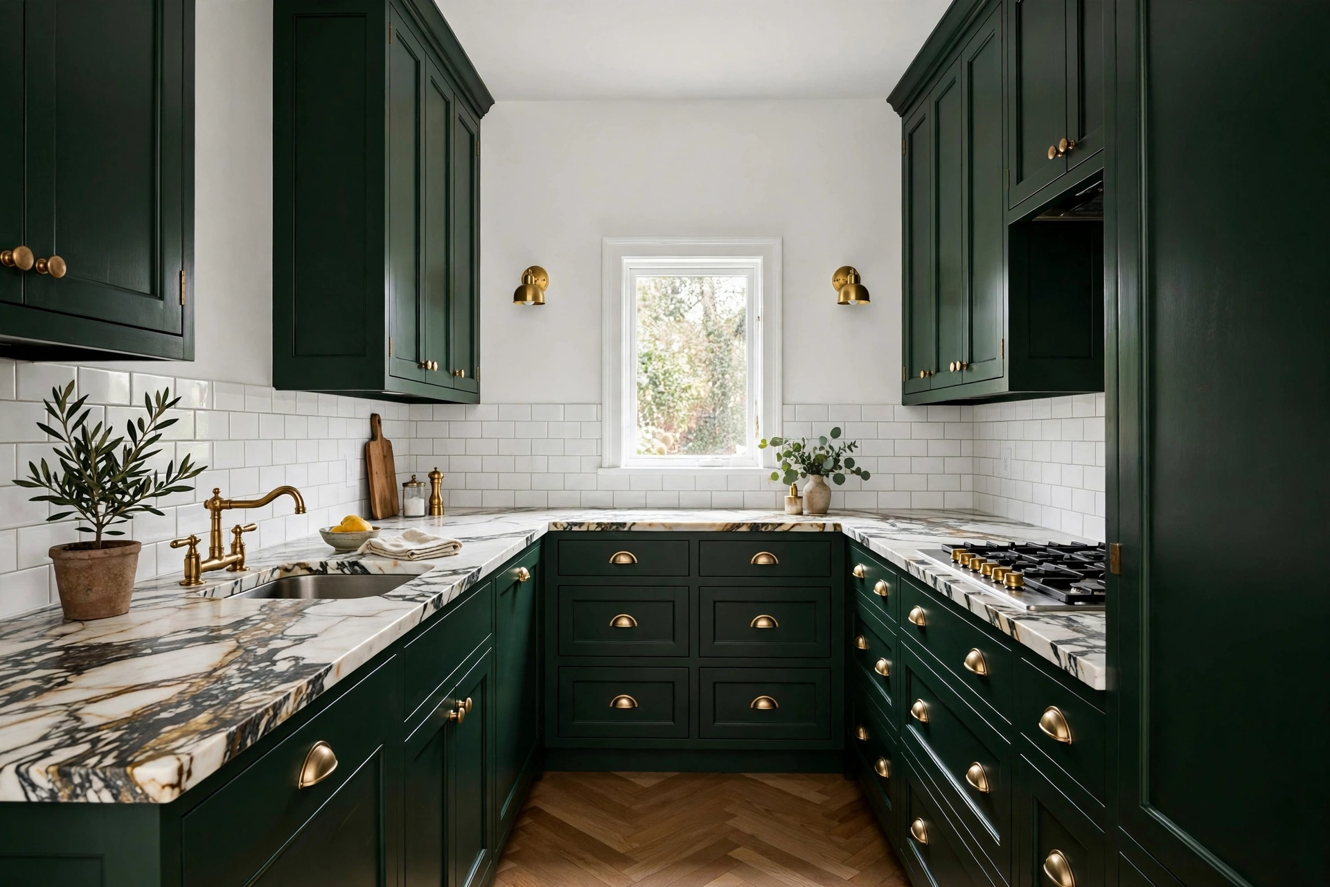 Dramatic small kitchen with forest green cabinets and white marble countertop
