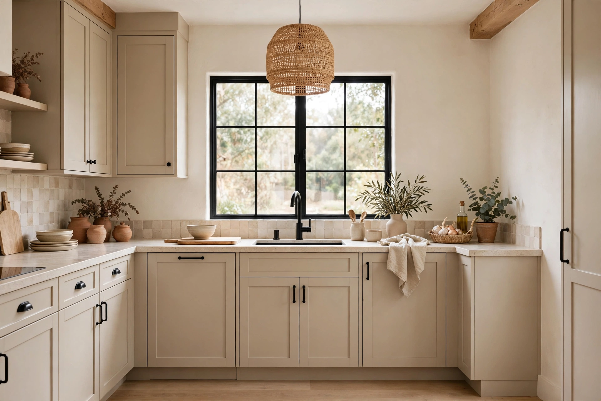Refined small kitchen with warm beige cabinets and matte black hardware