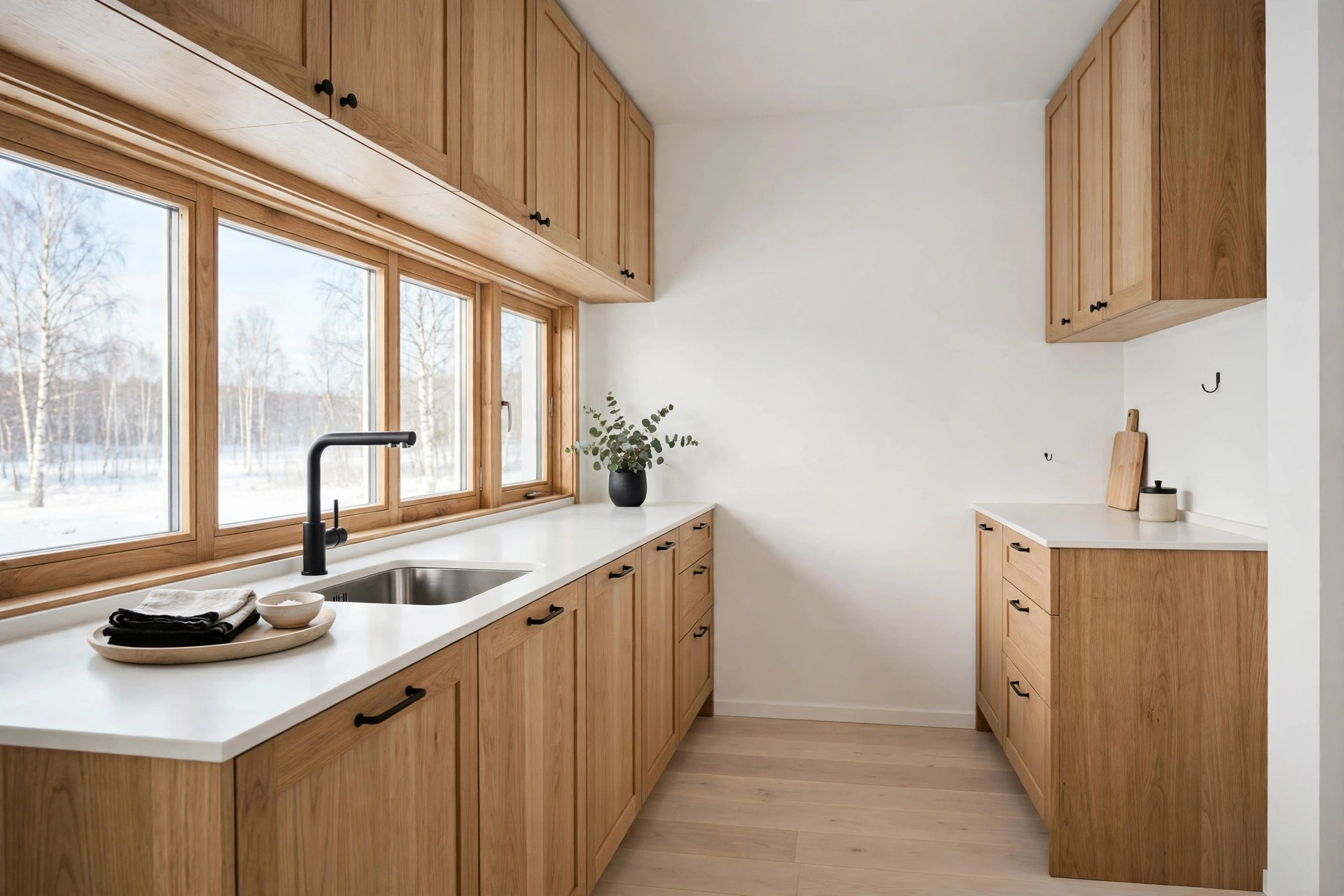 Scandinavian small kitchen with light oak cabinets and white walls