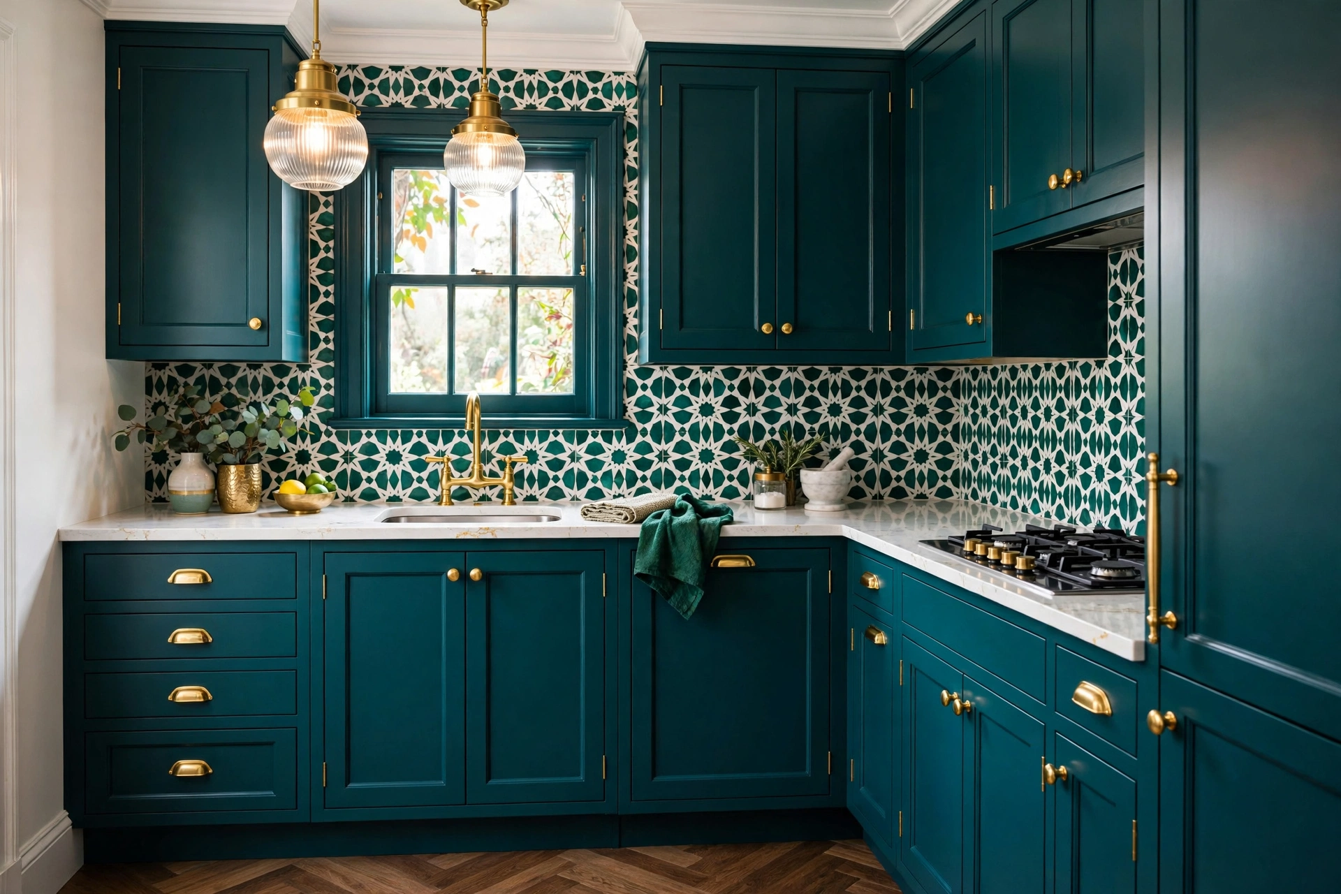 Glamorous small kitchen with deep teal cabinets and gold brass fixtures