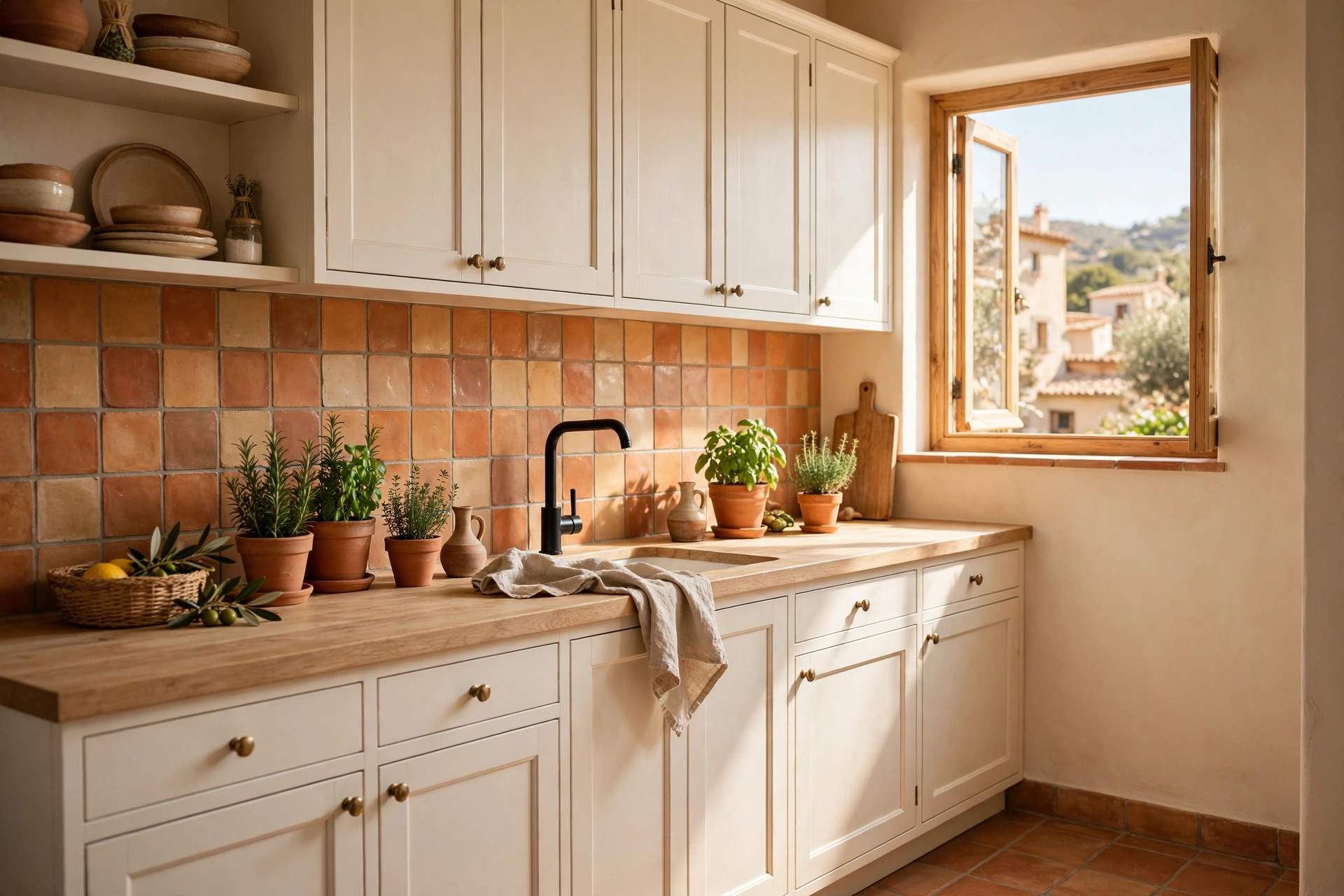 Sunlit small kitchen with cream cabinets and handmade terracotta tile backsplash