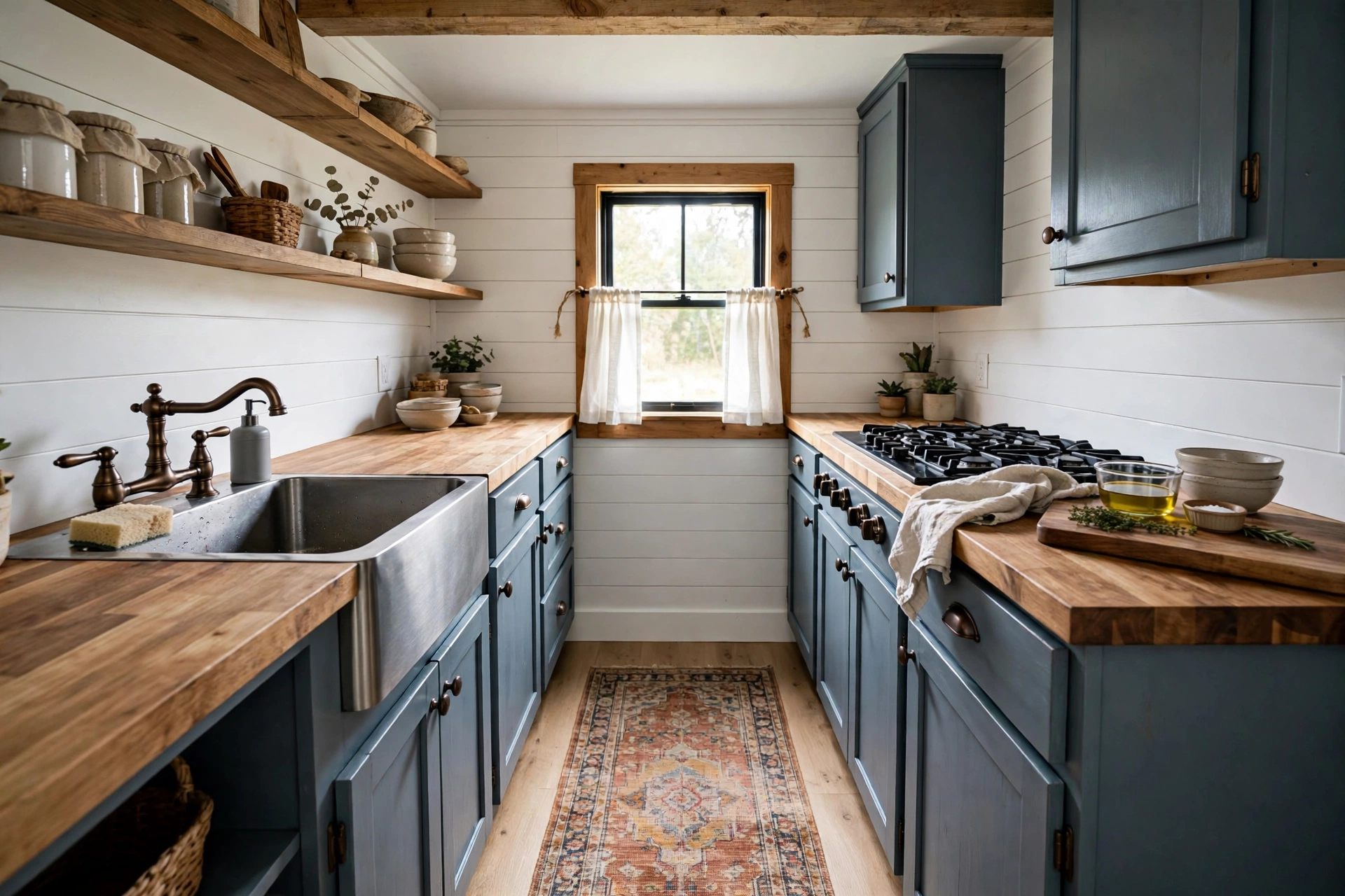 Farmhouse small kitchen with slate blue cabinets and butcher block countertop
