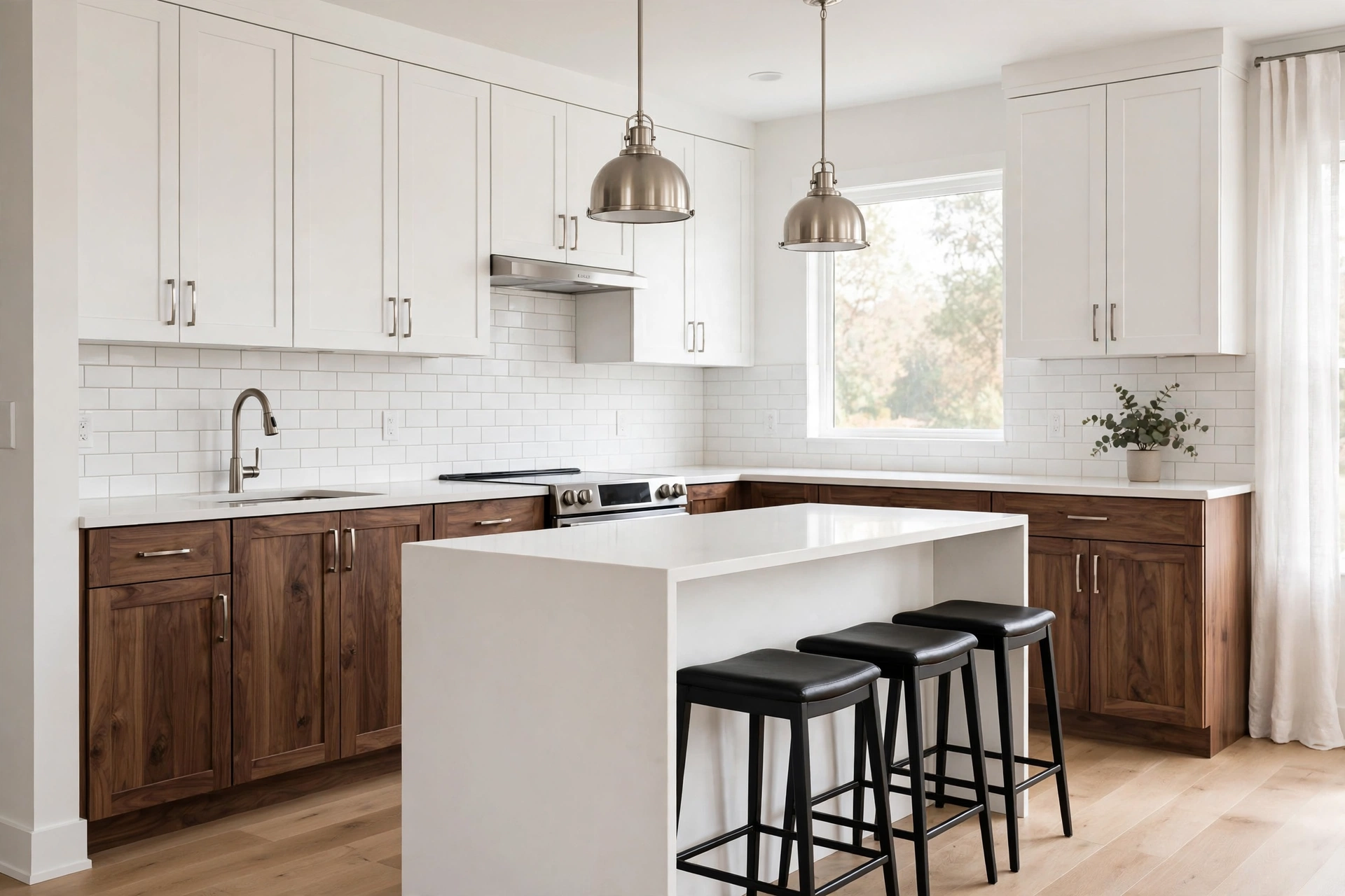 Modern small kitchen with white upper cabinets and walnut wood lower cabinets
