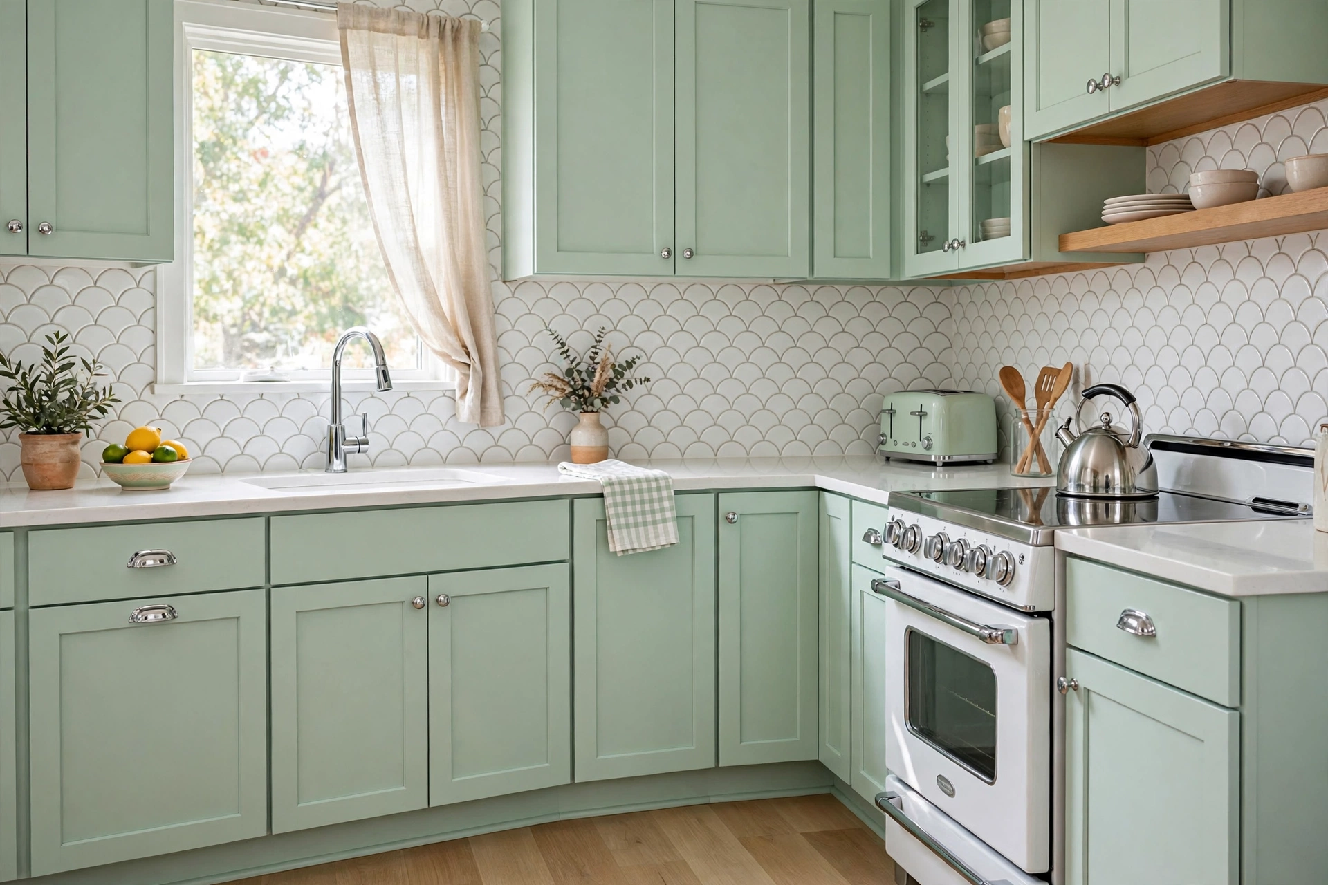Fresh small kitchen with soft mint green cabinets and white countertops