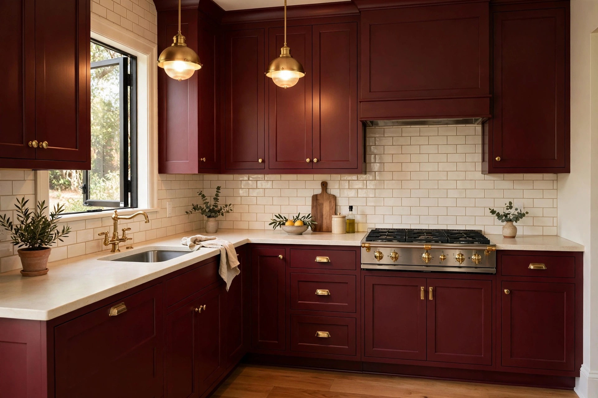 Elegant small kitchen with deep burgundy cabinets and cream stone countertop