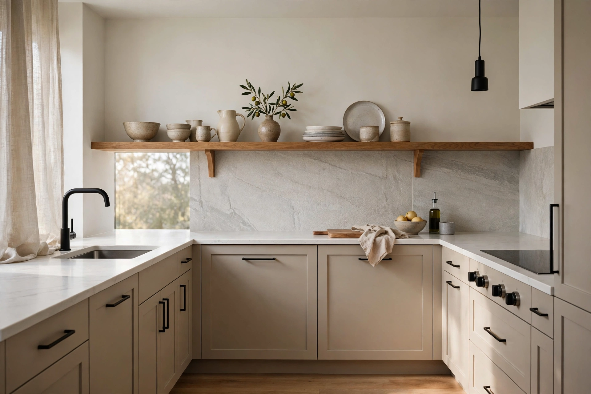 Refined small kitchen with greige cabinets and matte black bar pulls