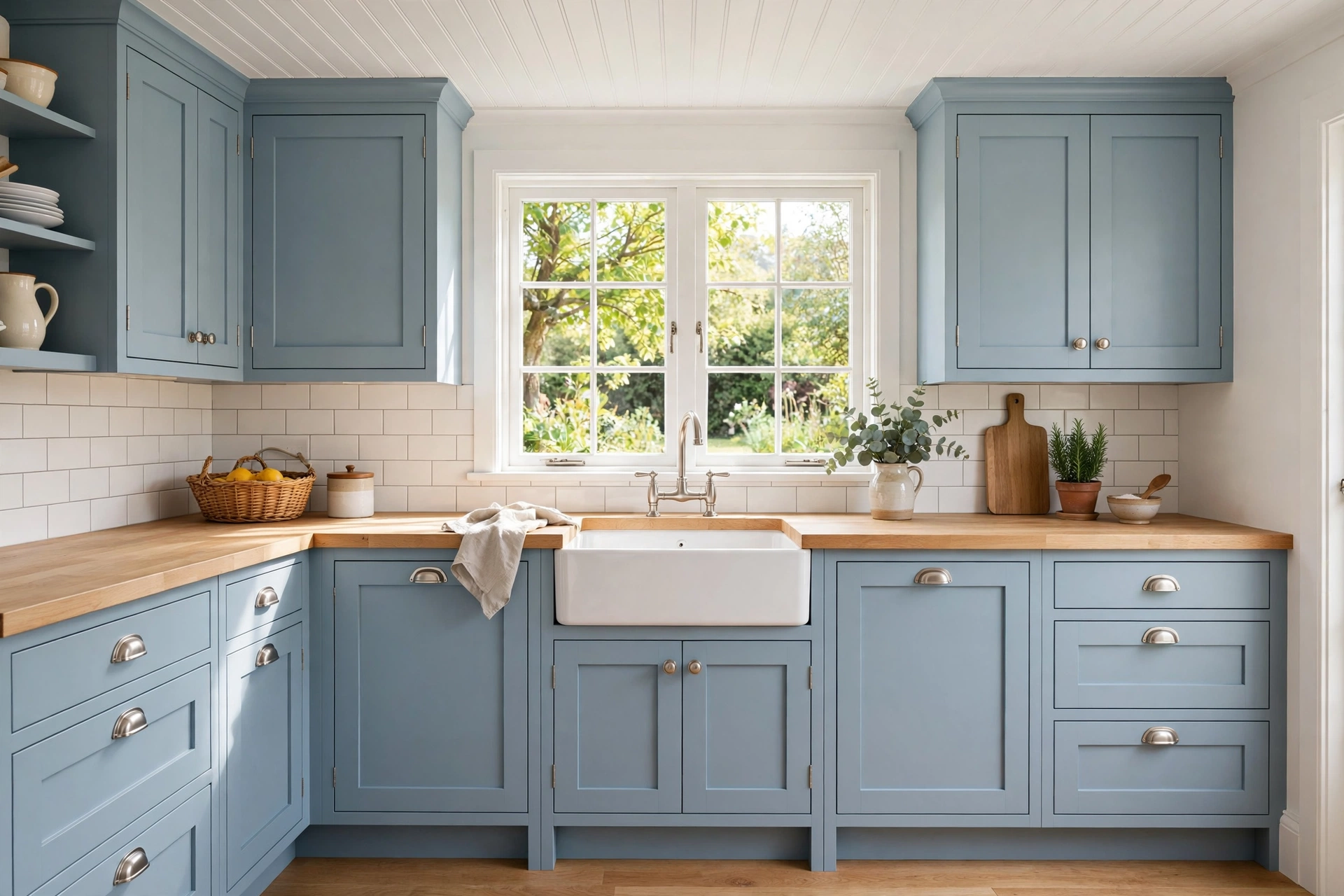 Cottage small kitchen with powder blue shaker cabinets and oak countertop
