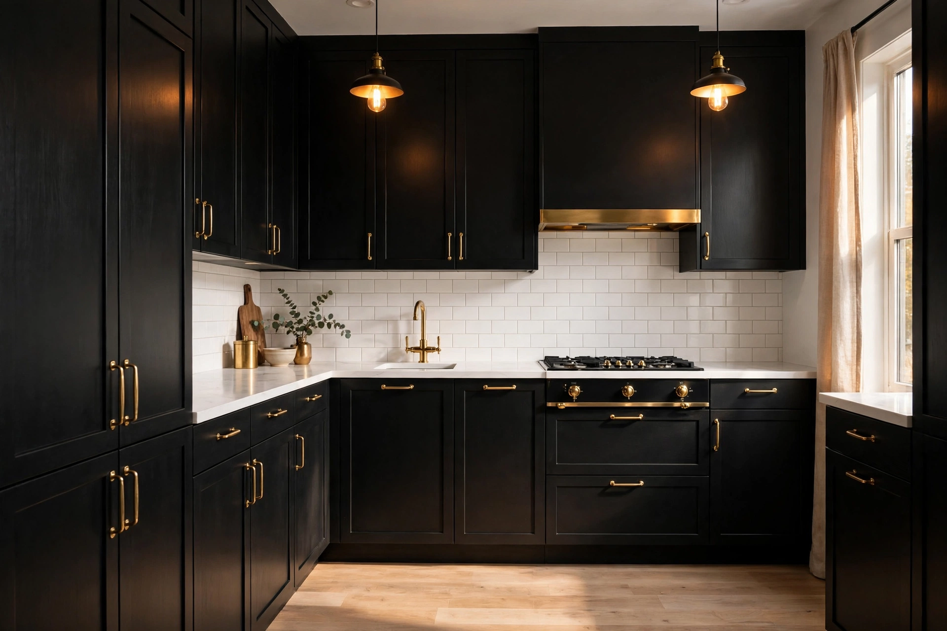 Bold small kitchen with matte black cabinets and white countertop