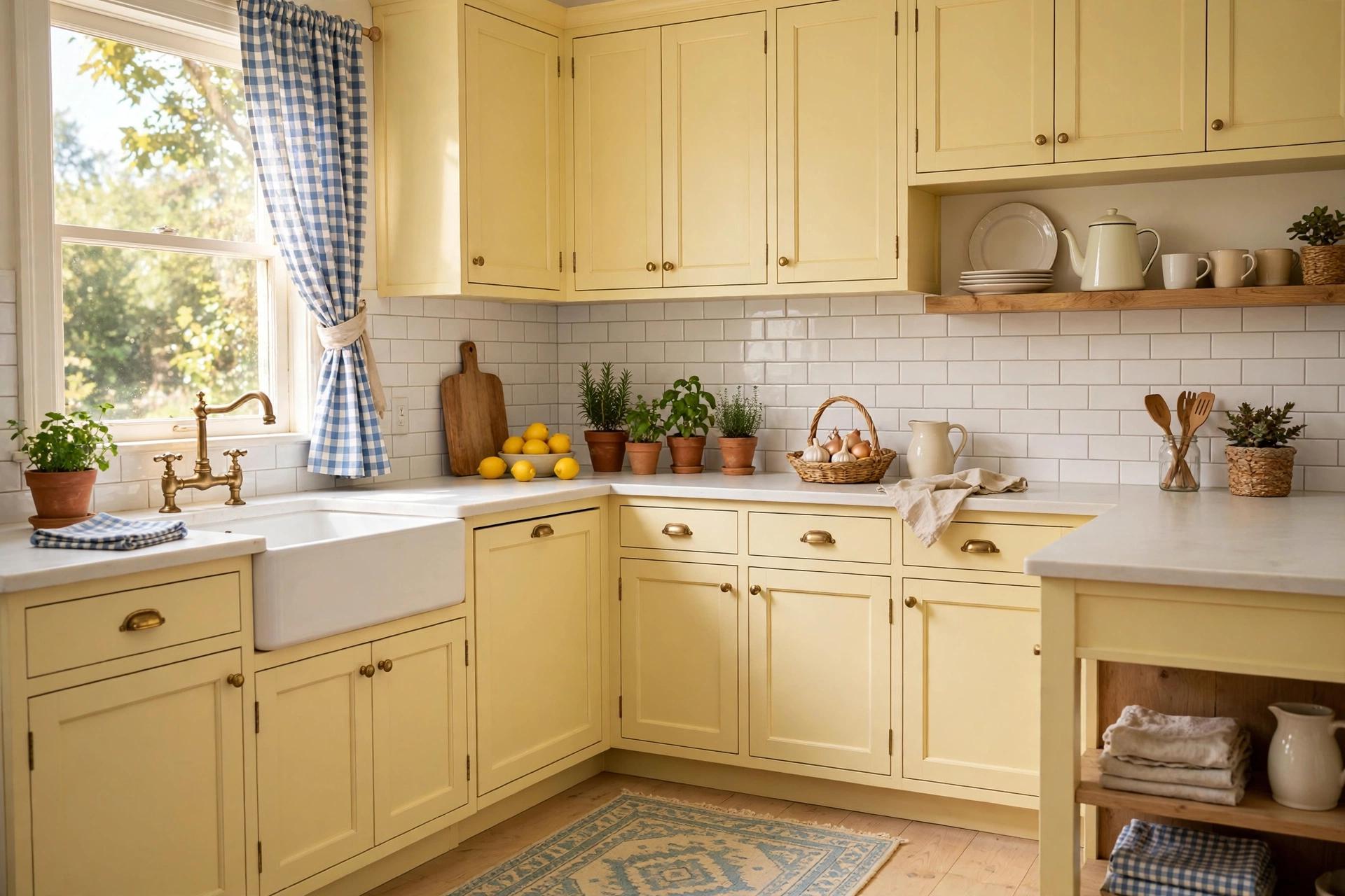 Cheerful small kitchen with butter yellow cabinets and white countertops