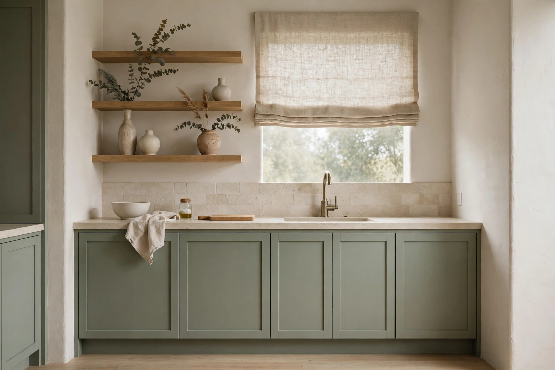 Tranquil small kitchen with eucalyptus green cabinets and linen textures