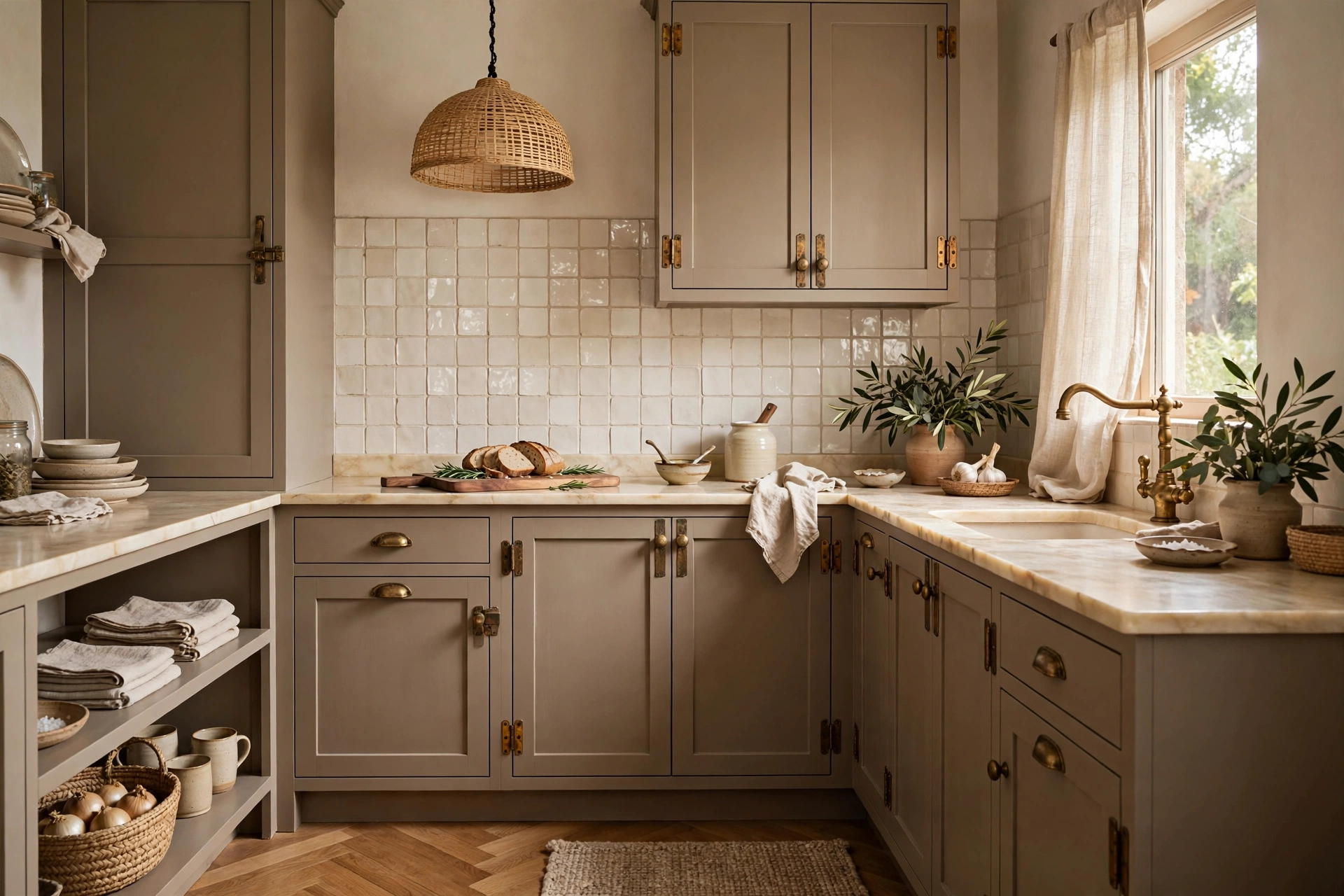 Cozy small kitchen with warm taupe cabinets and aged brass hardware