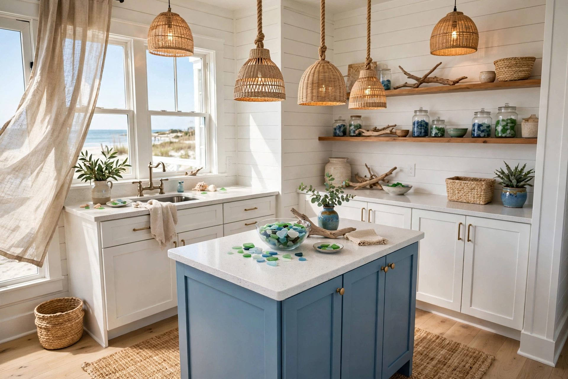 Breezy small kitchen with white shiplap walls and coastal blue island