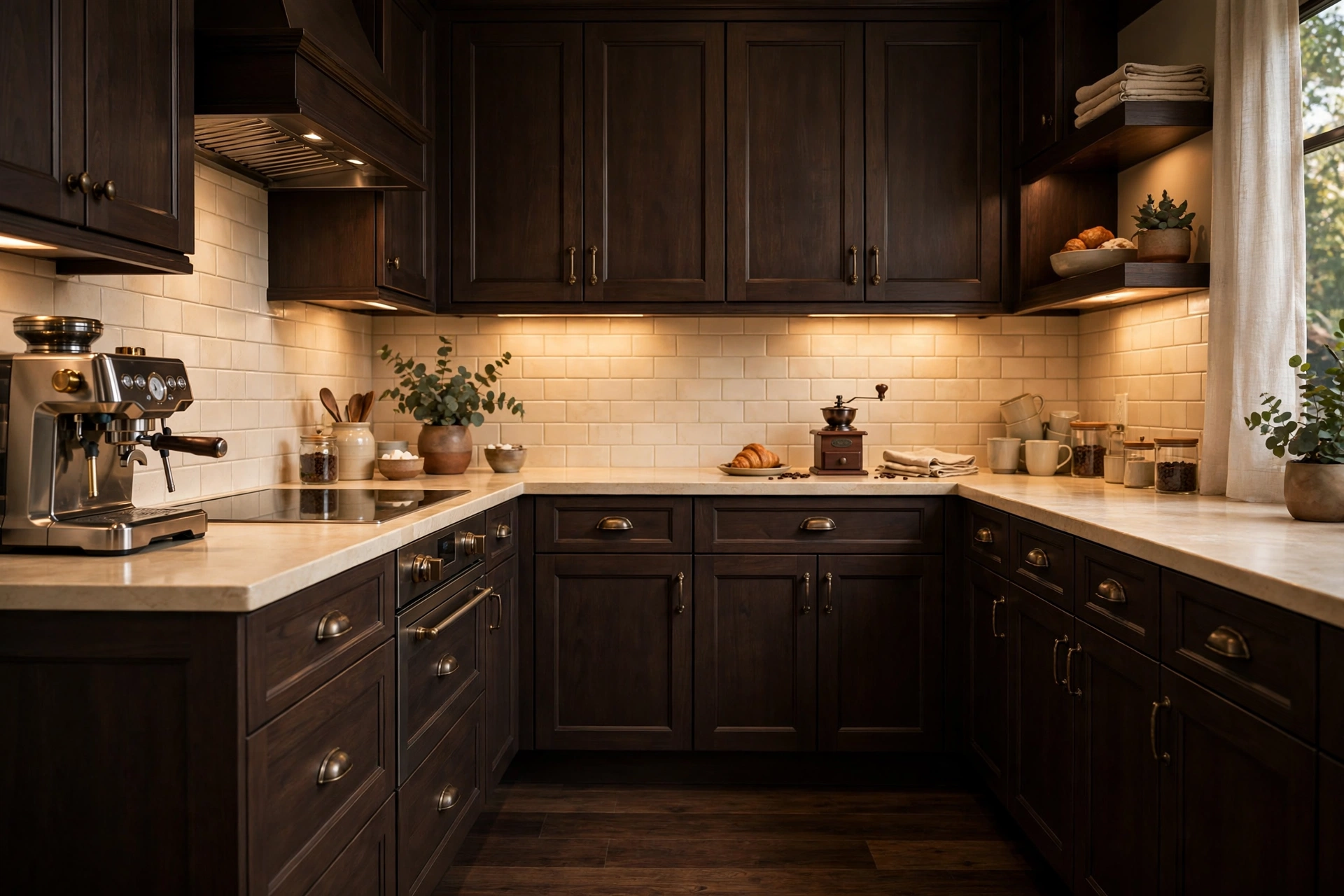 Rich small kitchen with espresso brown cabinets and cream countertop