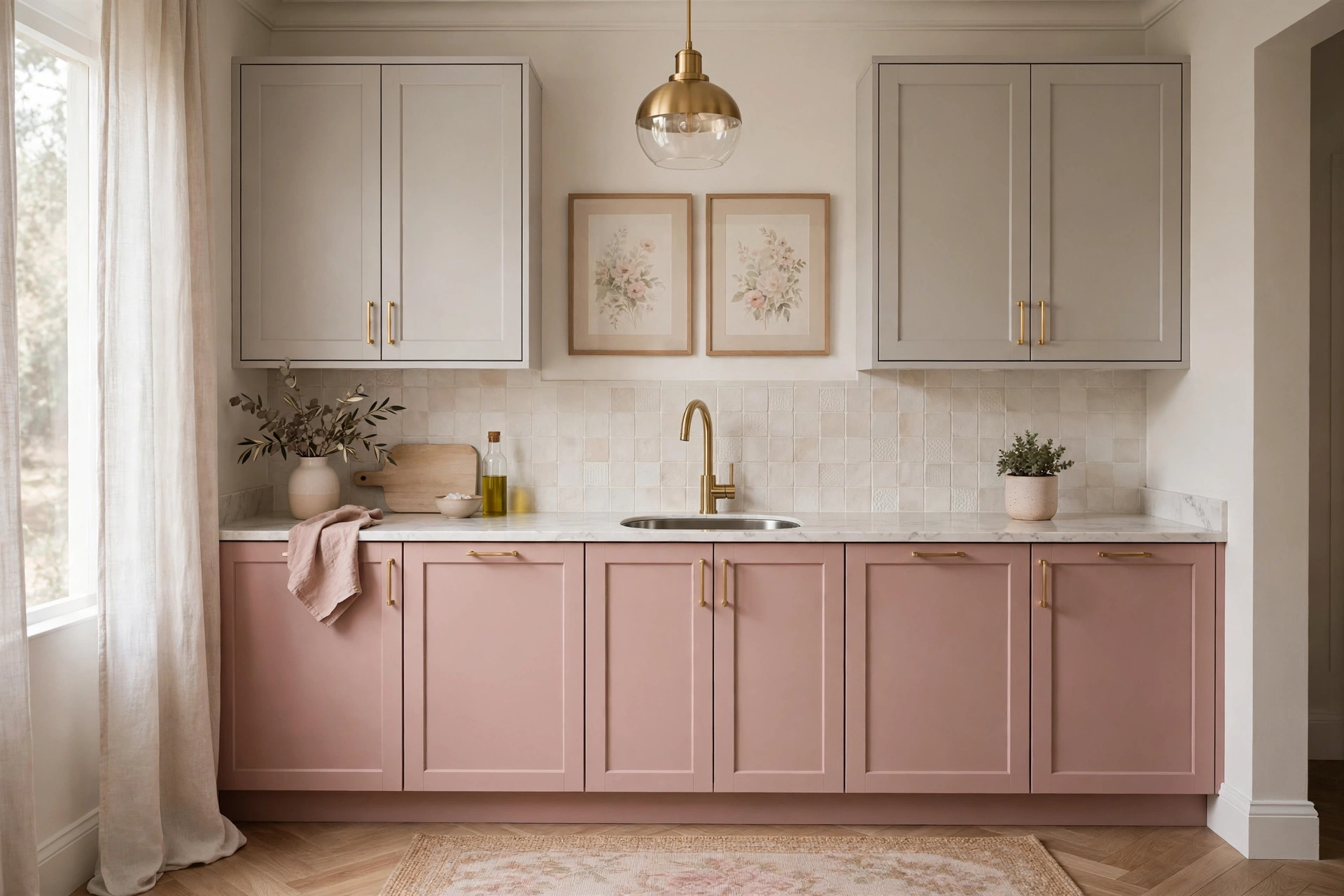Soft small kitchen with dusty rose lower cabinets and gray upper cabinets