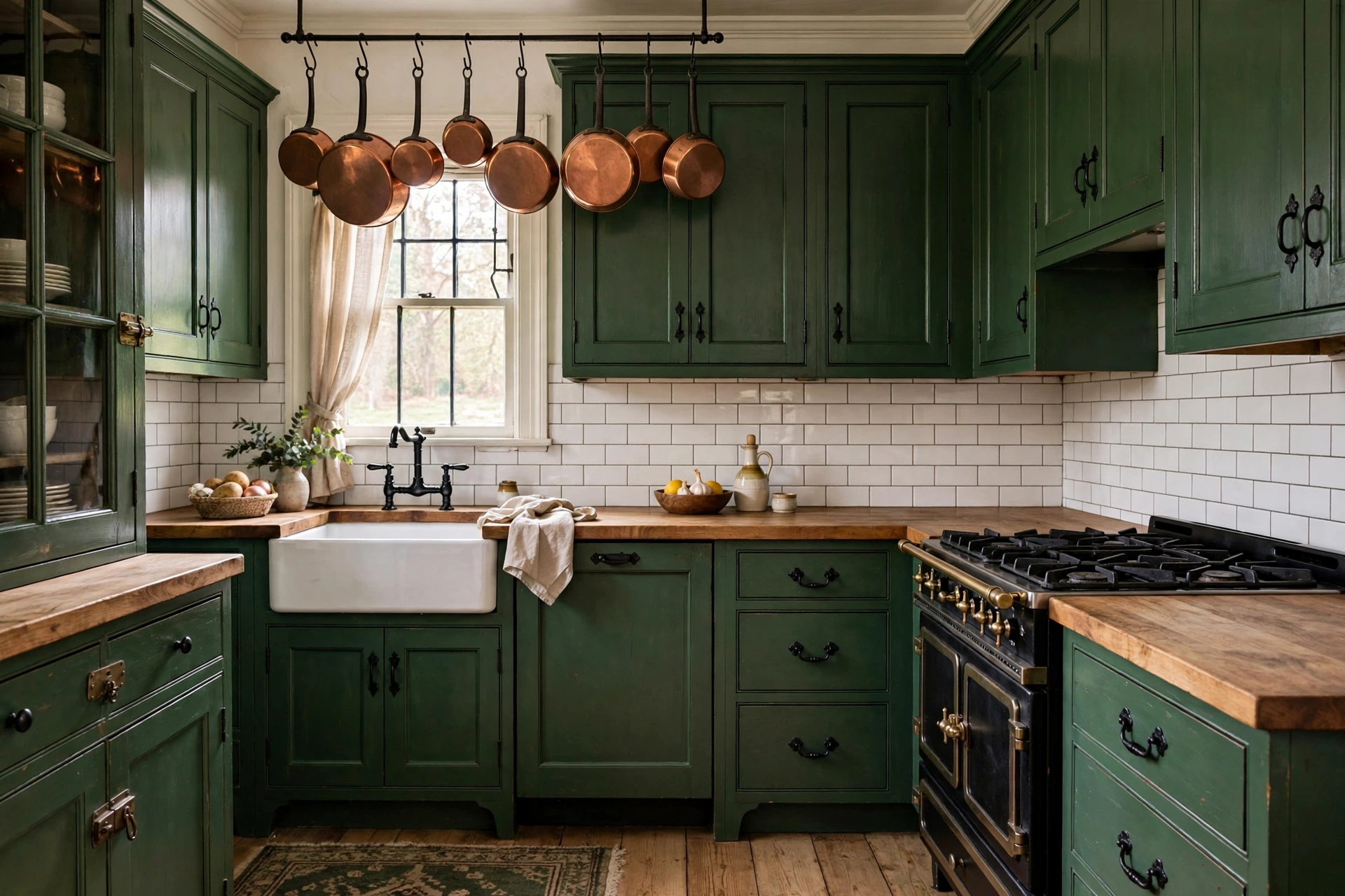 Classic small kitchen with hunter green cabinets and butcher block countertop
