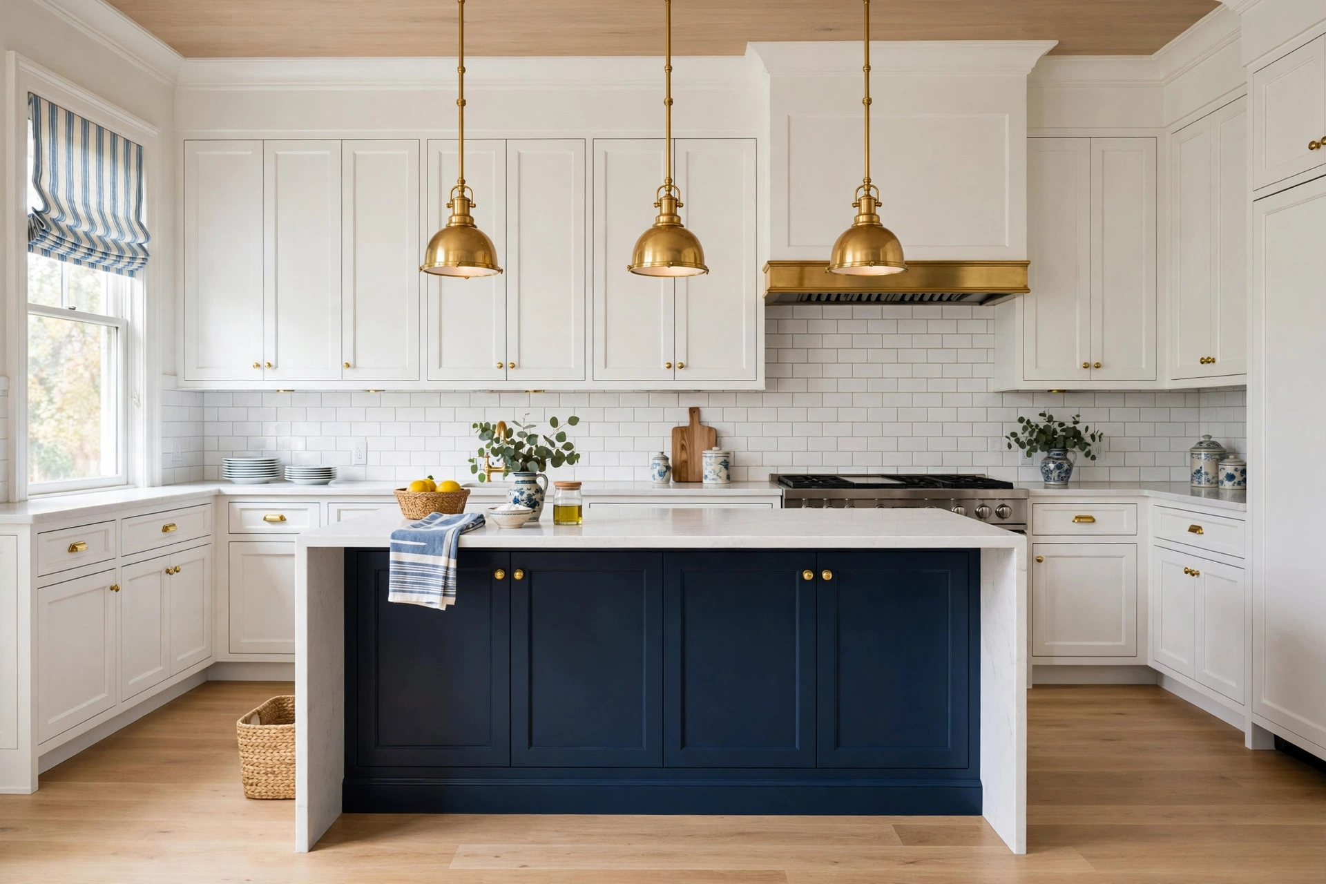Crisp small kitchen with white cabinets and navy blue island
