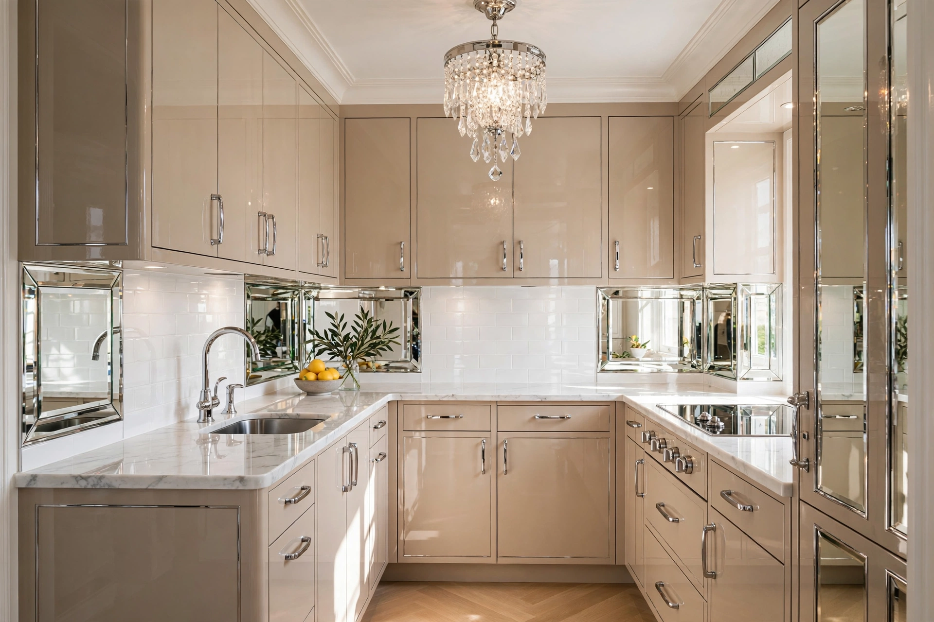Glamorous small kitchen with champagne beige cabinets and chrome hardware
