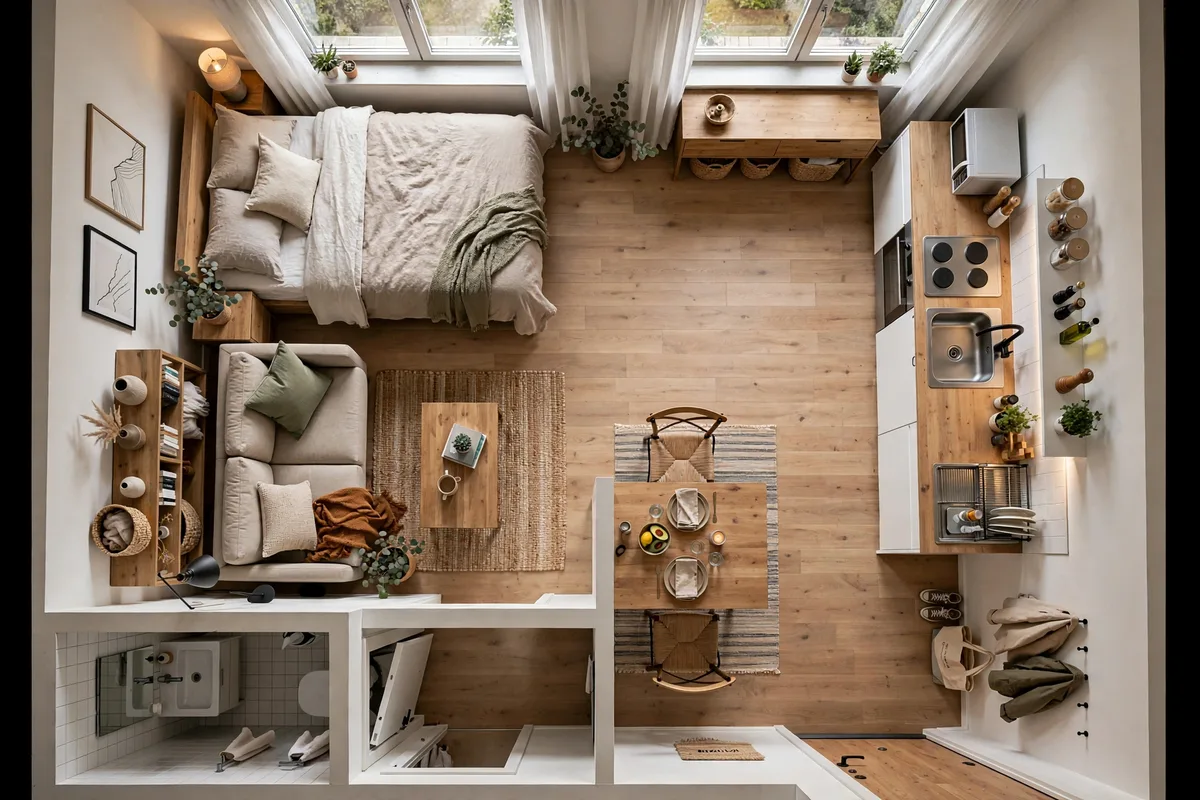 Hand-drawn studio apartment floor plan with labeled zones for efficient design