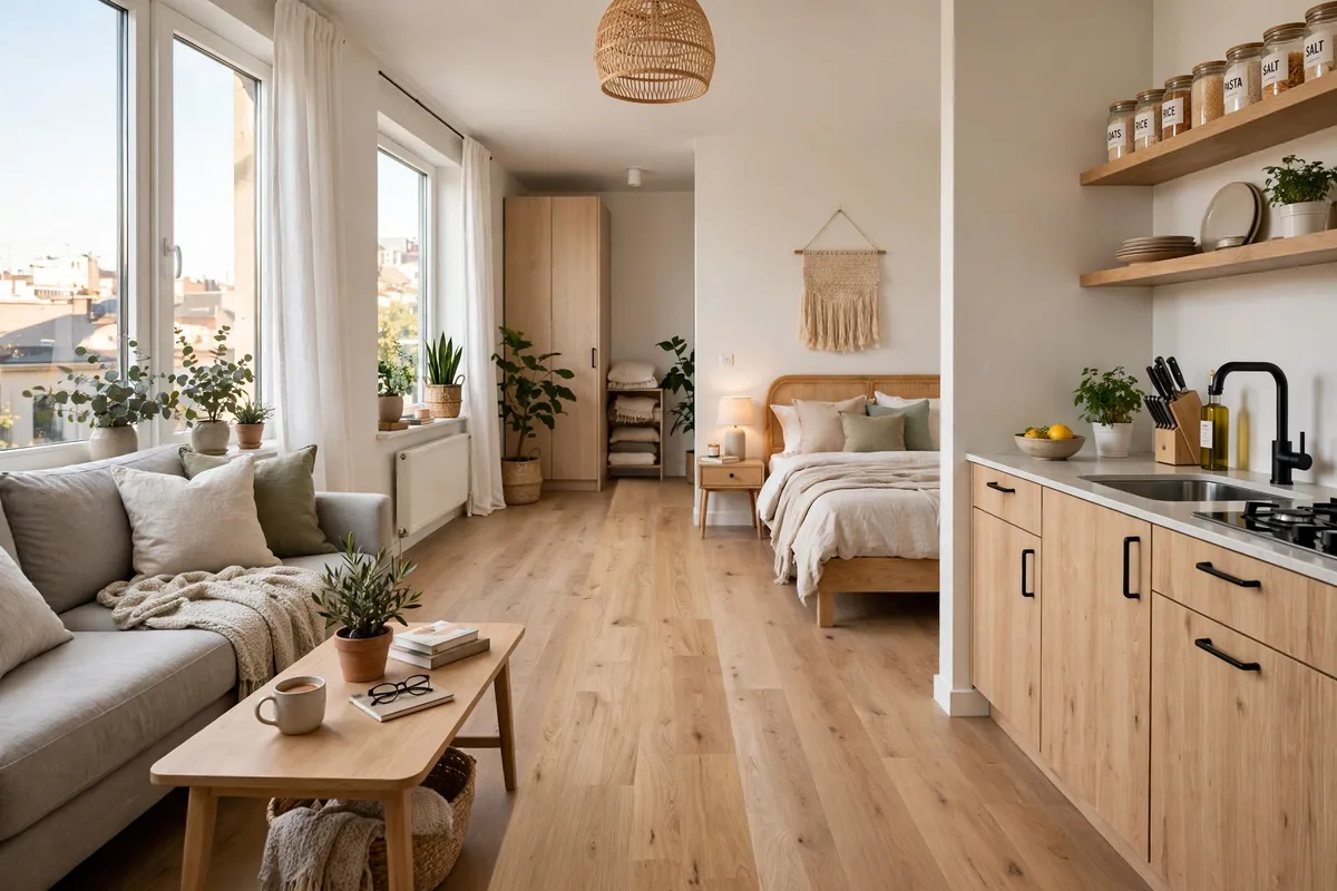 Clear walking path through a studio apartment showing good traffic flow