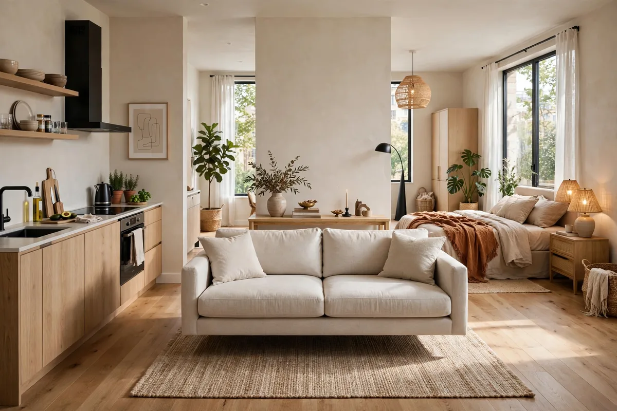 Sofa floated away from the wall in a studio apartment living zone