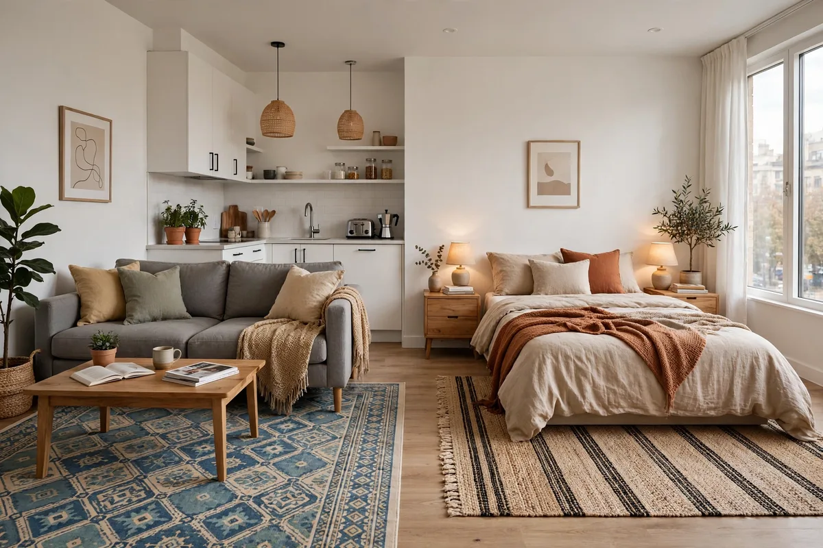 Two different area rugs defining bedroom and living zones in a studio apartment