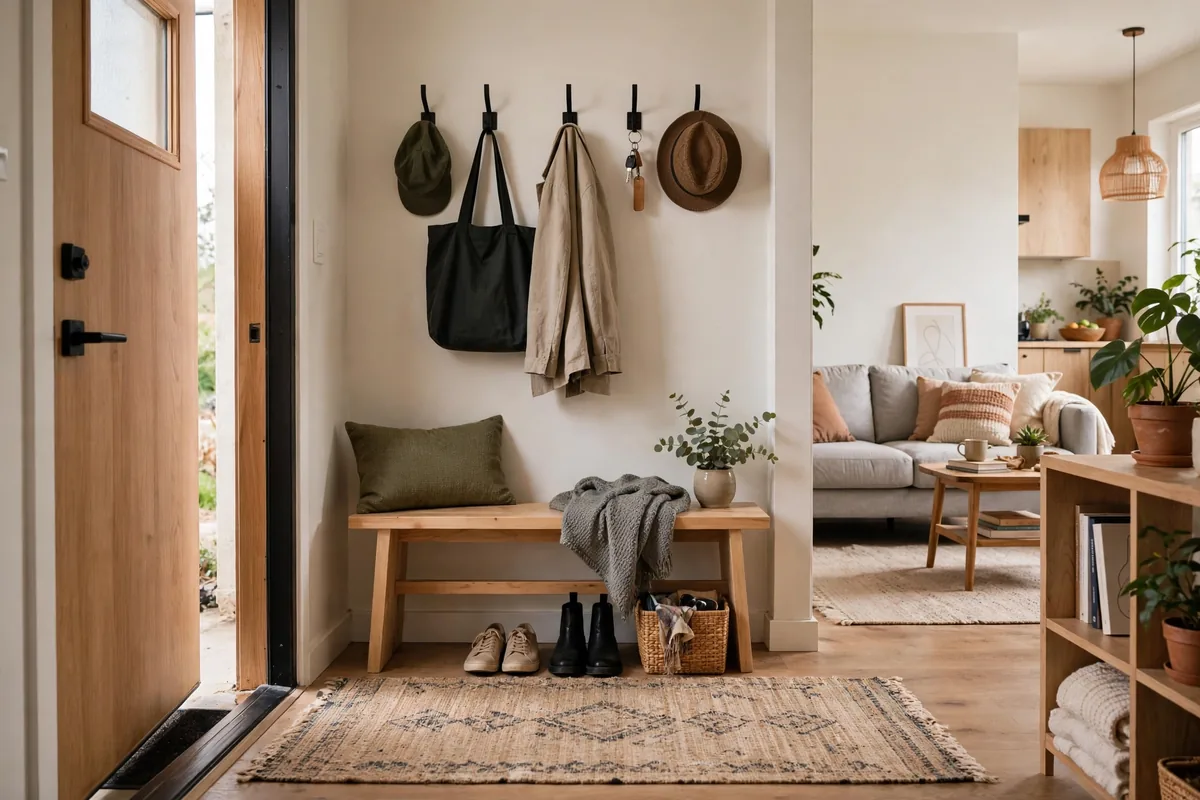 Small entryway drop zone with bench and hooks inside a studio apartment door