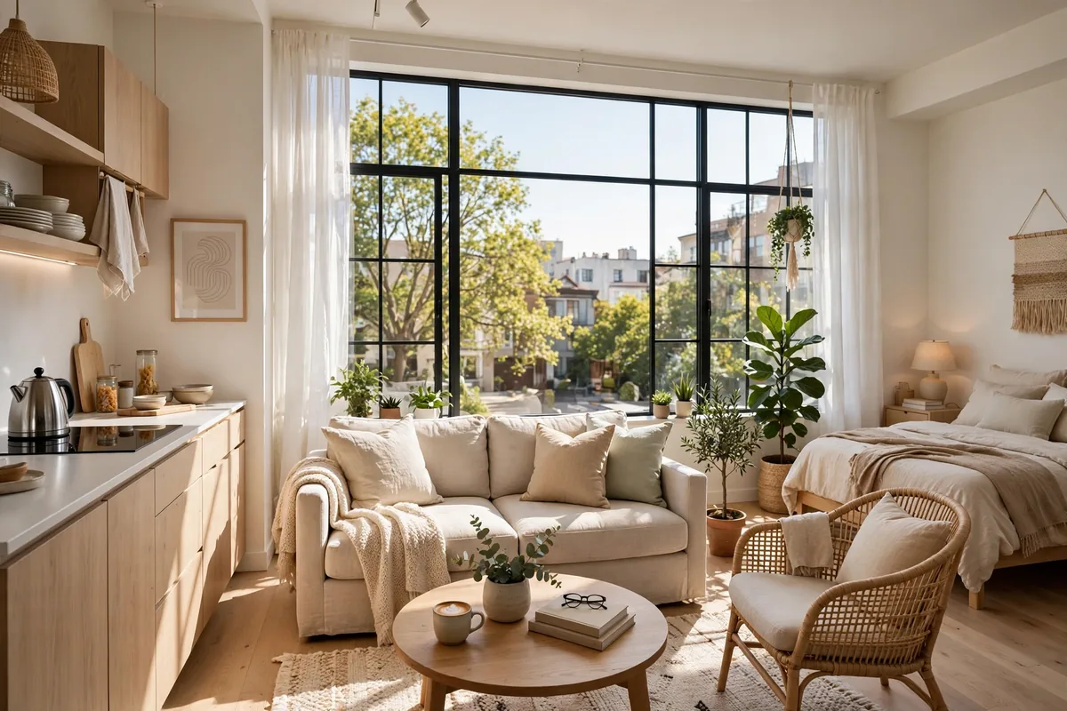 Studio apartment layout with low furniture placed to preserve window light