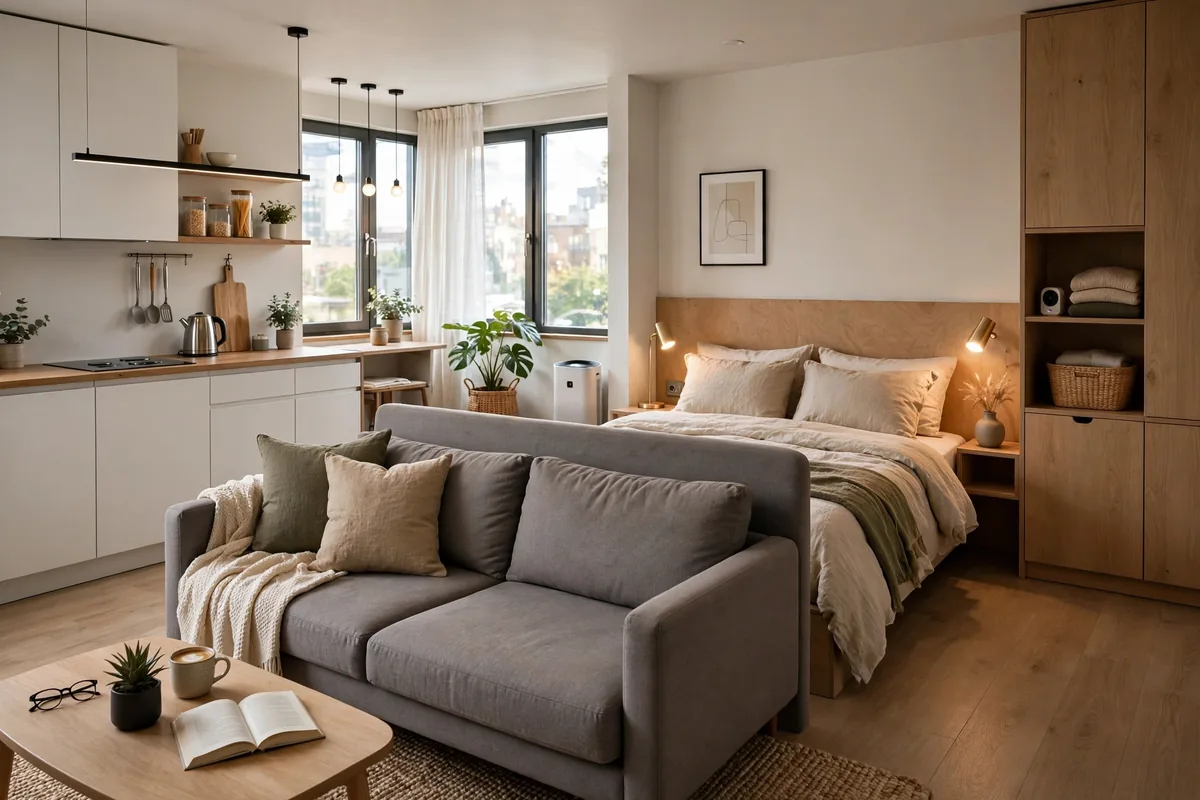 Sofa placed back-to-bed dividing living and sleeping zones in a studio