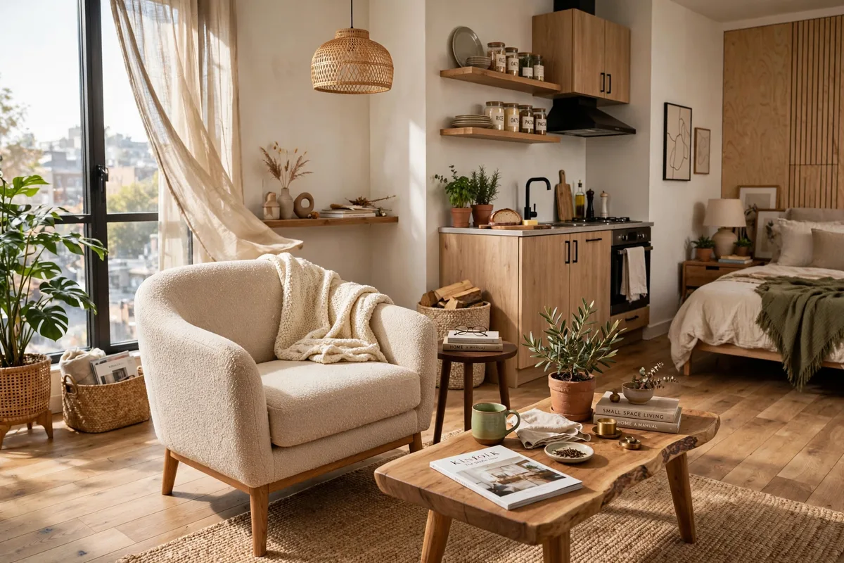 Accent chair angled in a studio apartment corner breaking the boxy layout