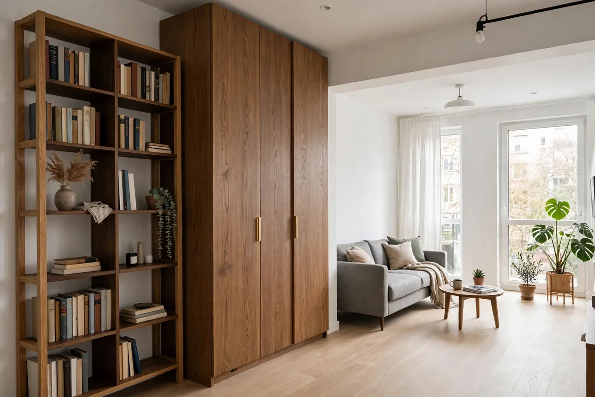 Tall bookcases and wardrobe lined along one wall of a studio apartment