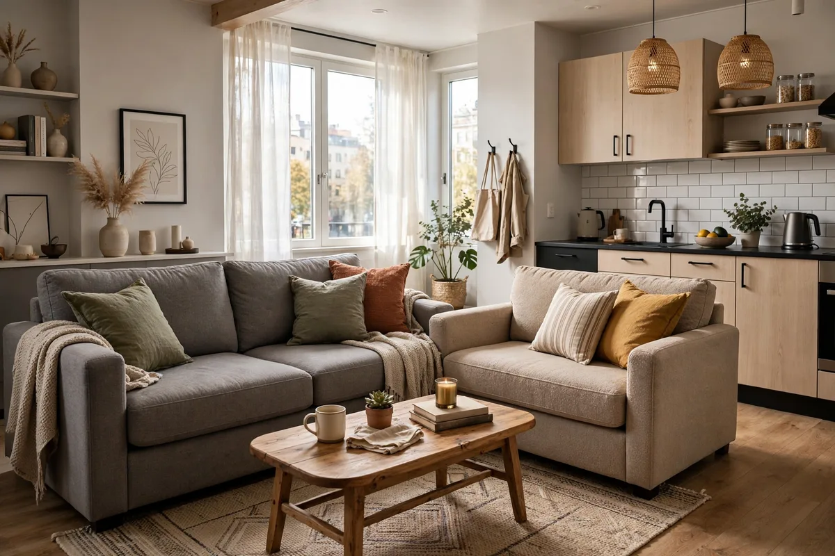 L-shaped sofa and chair arrangement defining a living zone in a studio